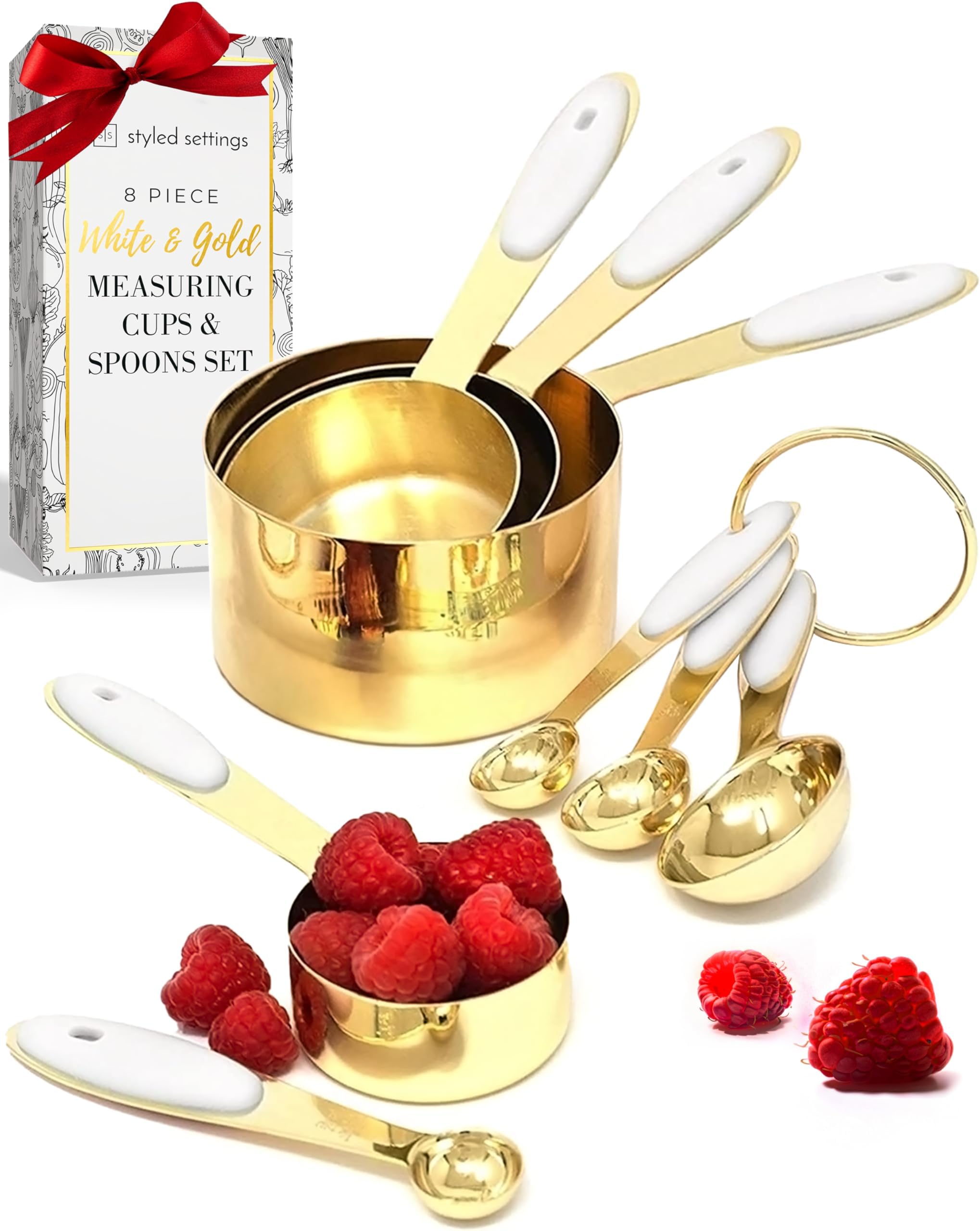 STYLED SETTINGS White & Gold Measuring Cups and Spoons Set - Cute 8PC Stainless Steel with Silicone Handle Kitchen Accessories