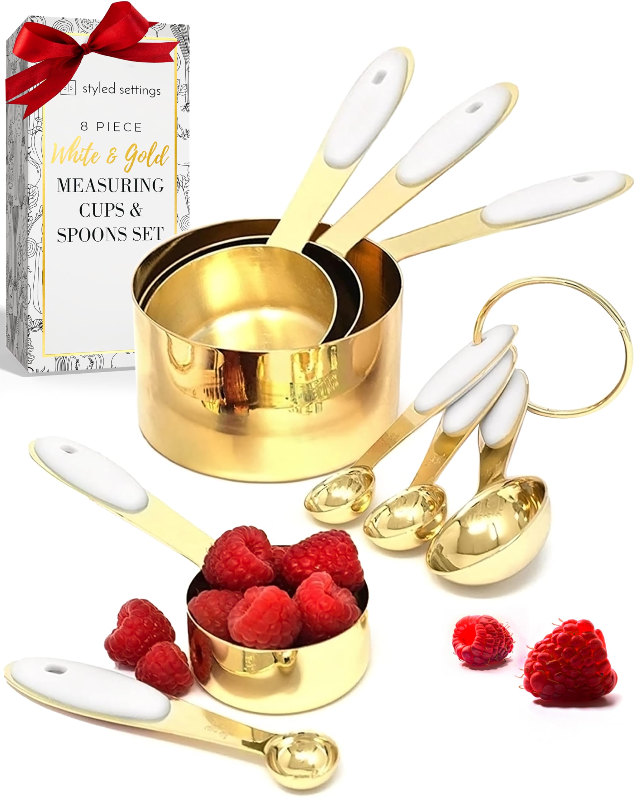White and Gold Measuring Cups and Spoons Set – 8-Piece Stackable Stainless Steel Measuring Set – Stylish Gold Kitchen Accessories for Precise Baking and Cooking, Ideal Gift for Bakers and Chefs