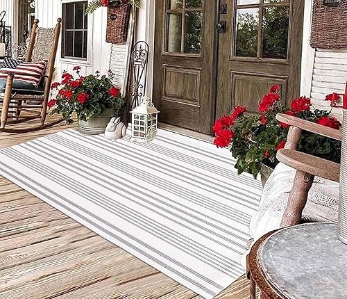 Miniatura 3 de BUAGETUP Alfombra de exterior gris y blanca de 3 x 5 pies, tejida a mano, lavable a mano, lavable a máquina, para interiores y exteriores, alfombra