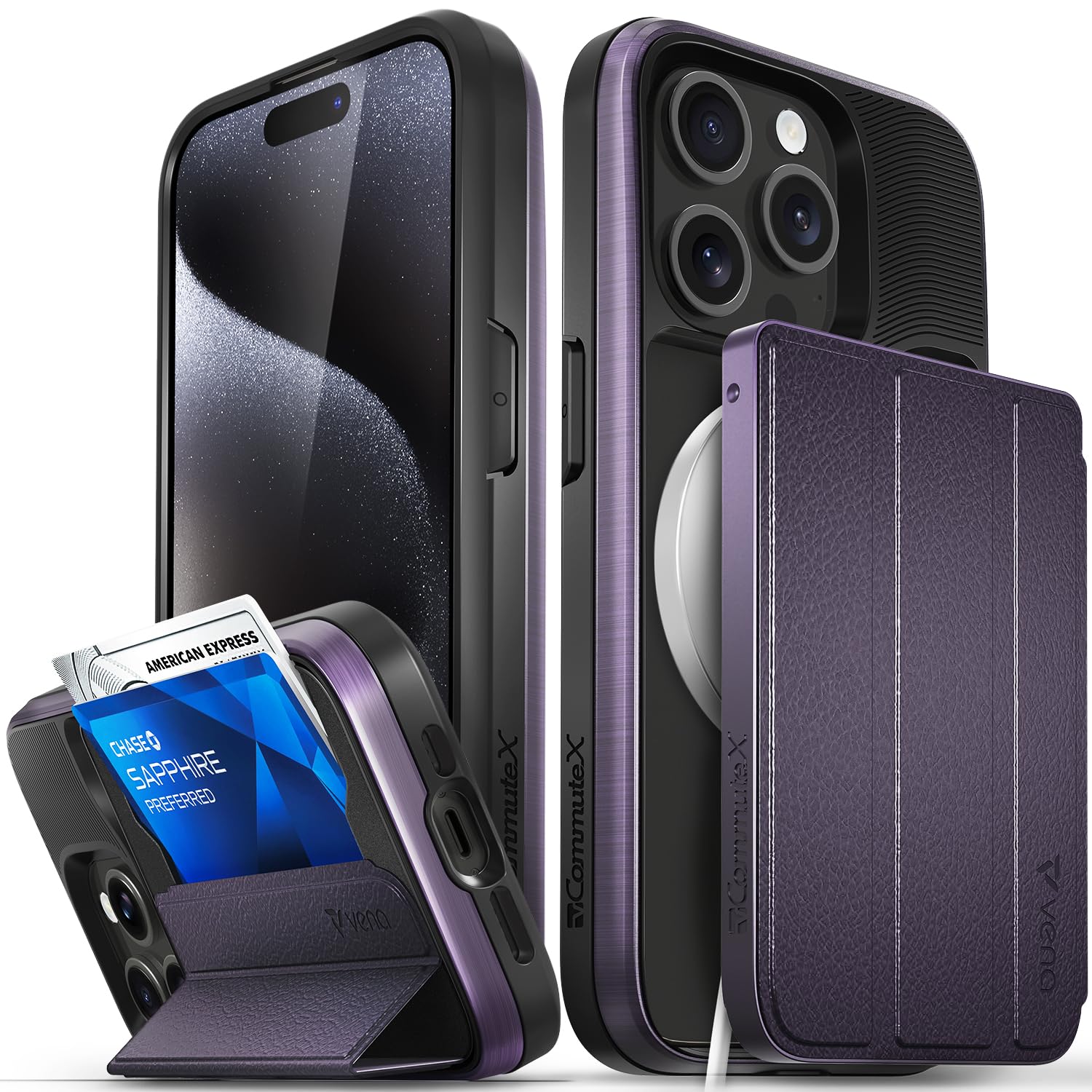 VENA vCommuteX for iPhone 15 Pro Wallet Case (MagSafe Compatible), [Military Grade Drop Protection] Detachable Leather Cover Slot Card Holder with Kickstand - Purple