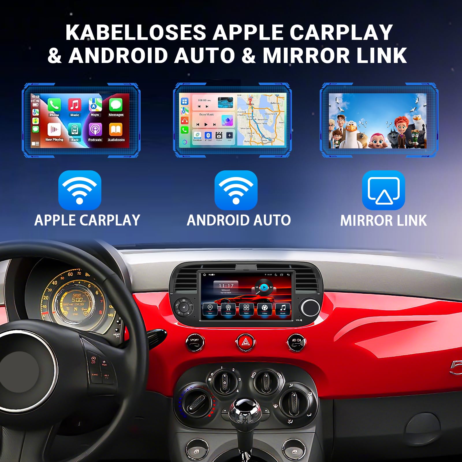 Autoradio Android 14 per Fiat 500C 2007–2015 7" Touchscreen IPS | Navigatore GPS | Wireless CarPlay Android Auto | Bluetooth 5.0 | DSP DAB+ WiFi USB OBD2 | Stereo 1 DIN con Canbus