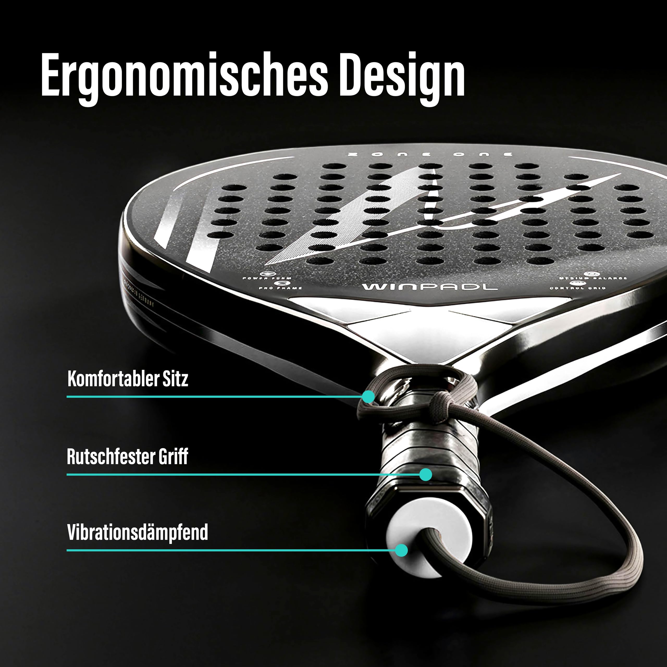 Zone One Carbonfaser Padelschläger 365 g Tropfenform raue Schlagfläche
