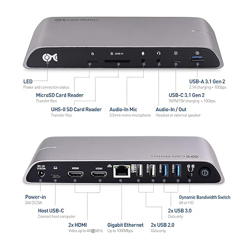 Miniatura 5 de Cable Matters Base USB C para Windows - Dual 4K HDMI, carga de 80 W, ranura para tarjeta SD UHS-II, 10Gbps USB-AUSB-C Gigabit Ethernet - Thunderbolt