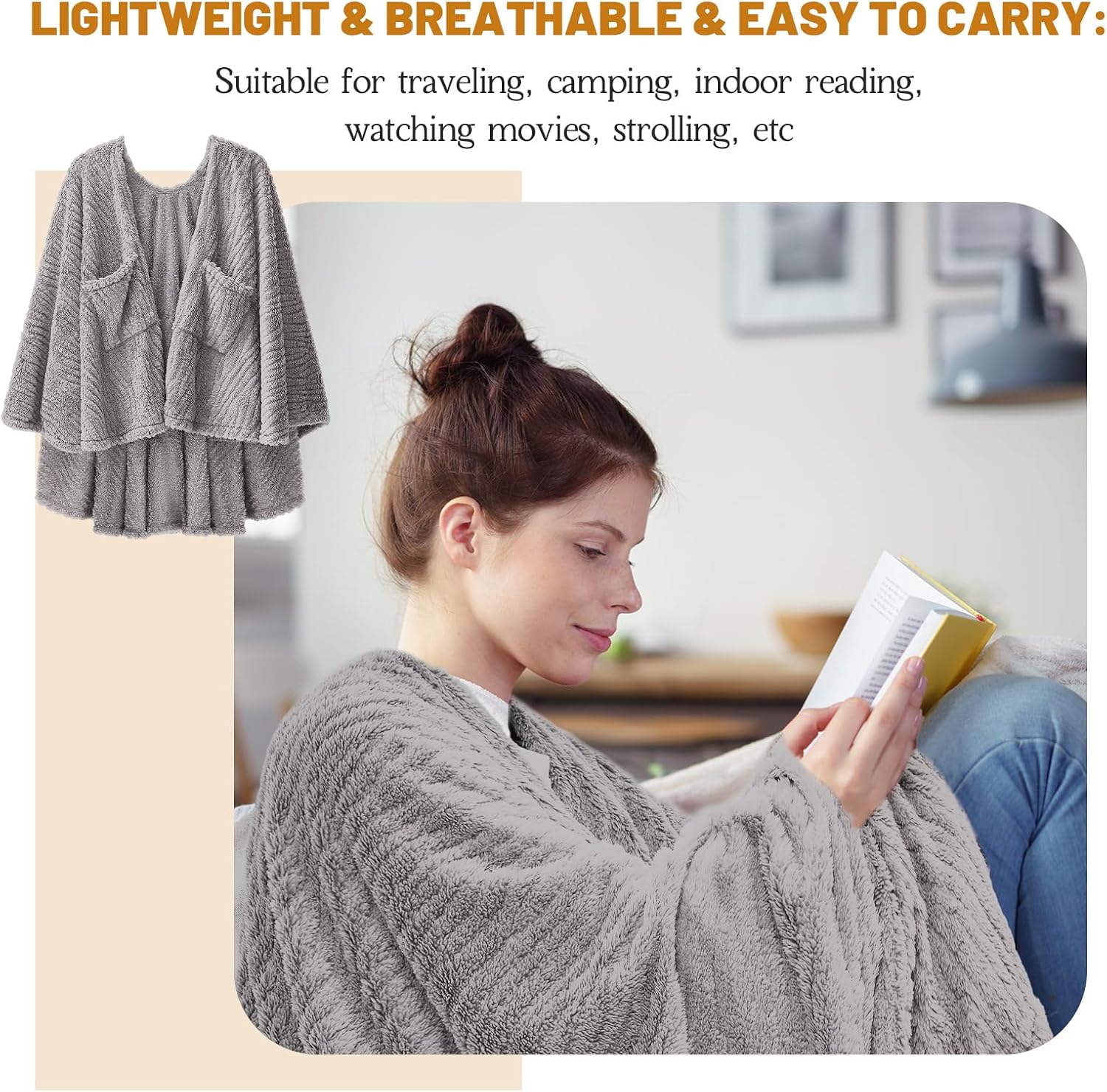 2 Pcs Winter Wearable Blanket with Pockets 58 x 64 Inch Fleece Cozy Shawl Soft Plush Cape for Sofa Travel