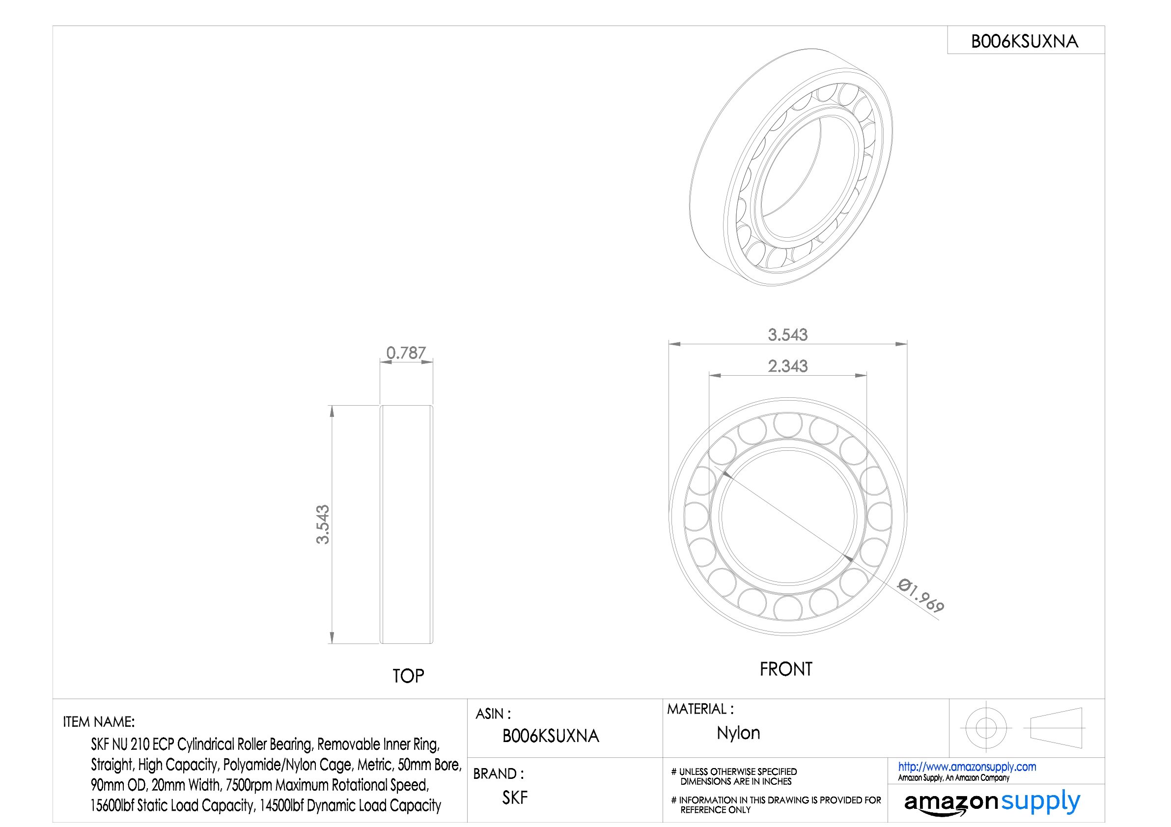 SKF - Rodamiento cilíndrico radial, 50 ID, acero para rodamientos