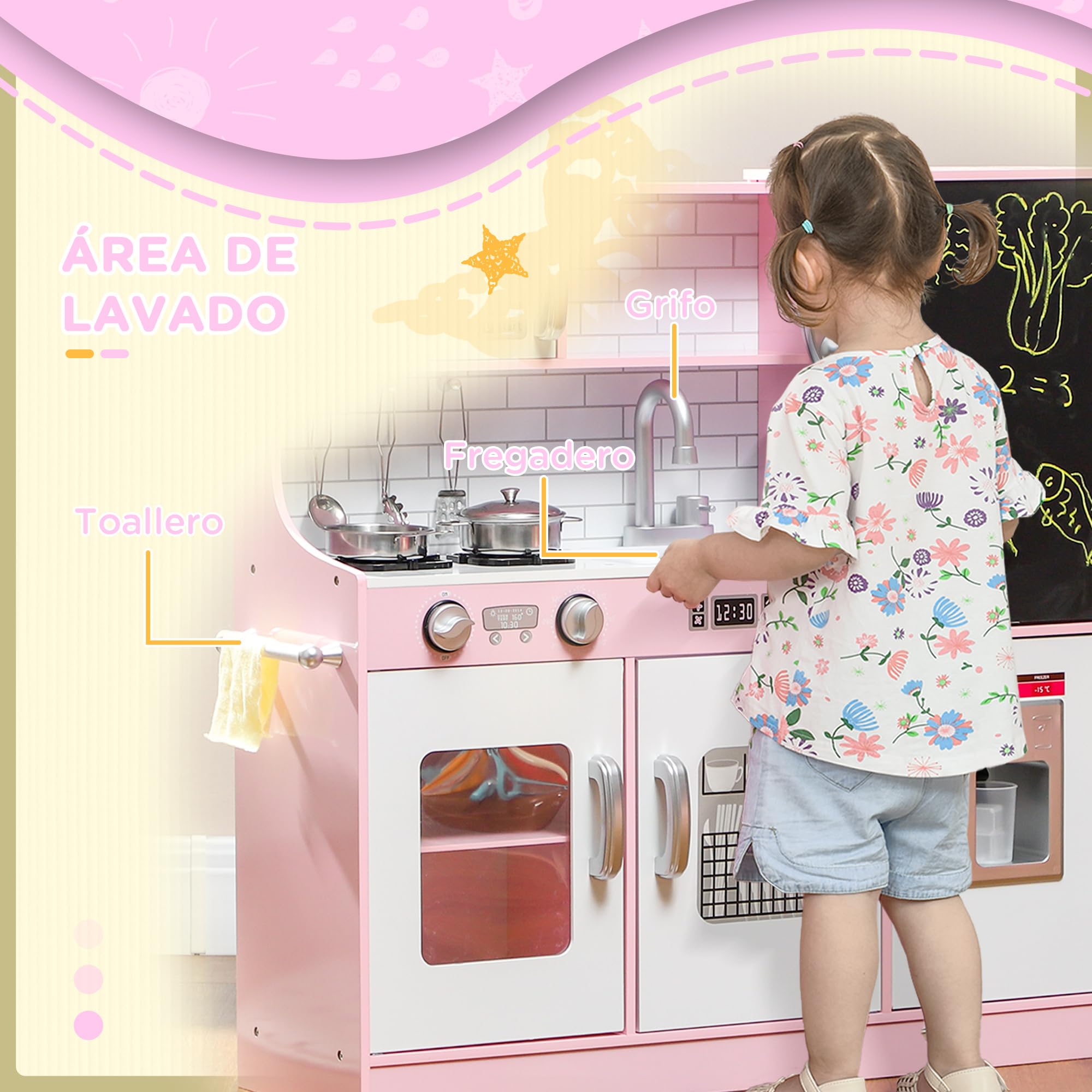AIYAPLAY Cocina de Juguete Cocina para Niños de +3 Años Cocinita Infantil de Madera con Accesorios para Cocinar Pizarra Máquina de Hielo y Teléfono 83,8x26,8x81 cm Rosa