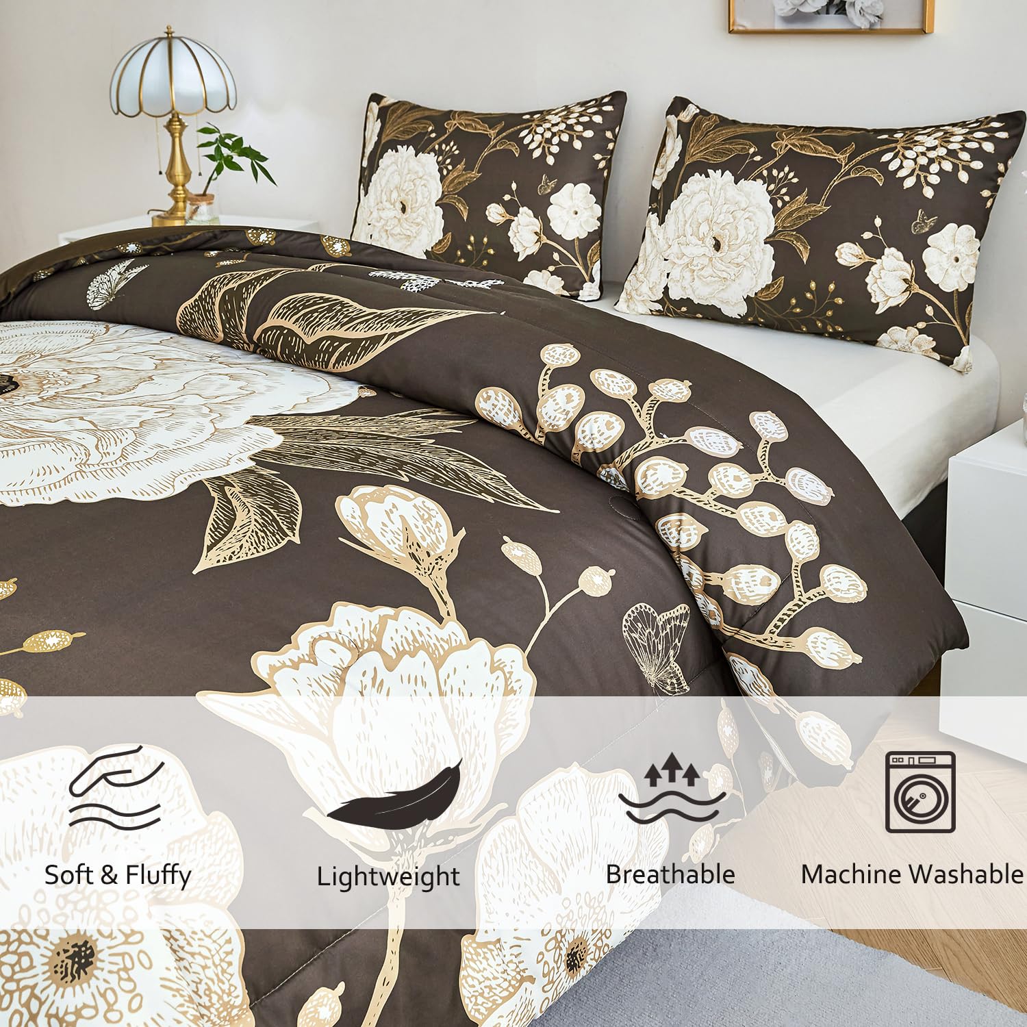 PERFEMET Brown Floral Comforter Set King Size, 3 Pieces Botanical