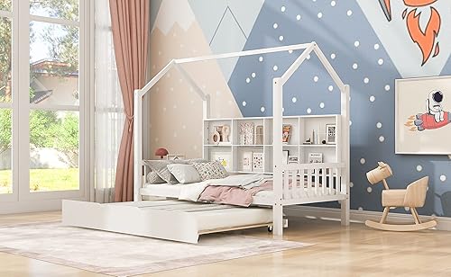 Miniatura 4 de SIYSNKSI Cama de casa de tamaño individual con nido marco de cama de madera en forma de casa con estante de almacenamiento cama de casa de juegos