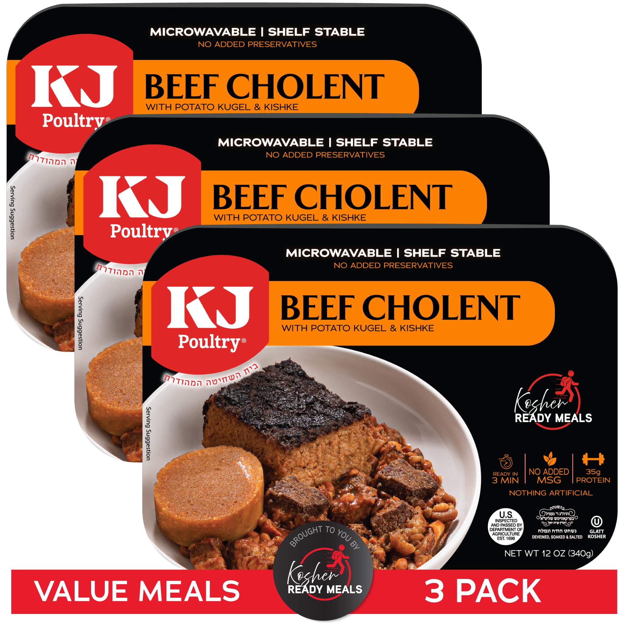 Kosher Beef Chulent & Kugel, MRE Meat Meals Ready to Eat, Shabbos Food (3 Pack) Prepared Entree Fully Cooked, Shelf Stable Microwave Dinner - Travel, Military, Camping, Emergency Survival