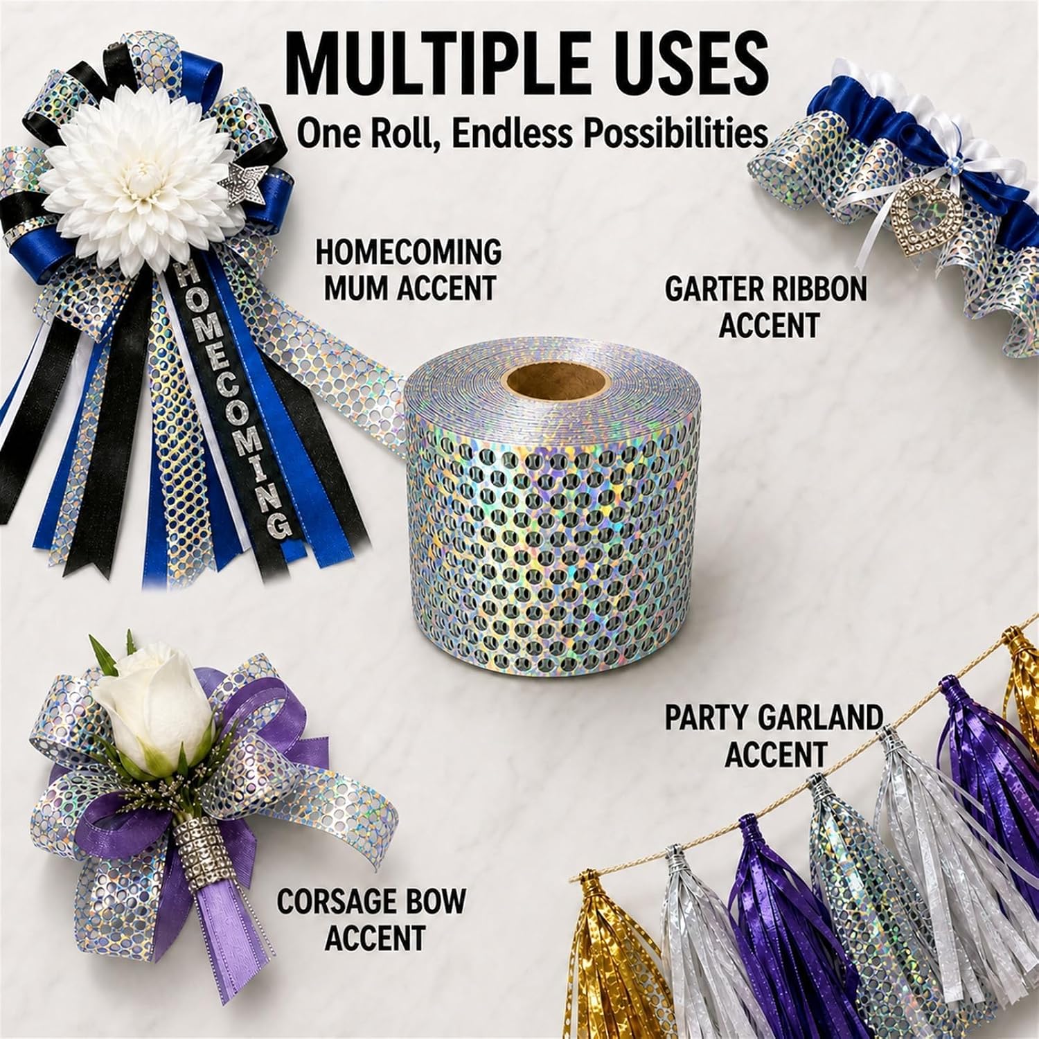 Silver Holographic Honeycomb Ribbon for Homecoming Mums, 3-1/4in X 50yd Mum