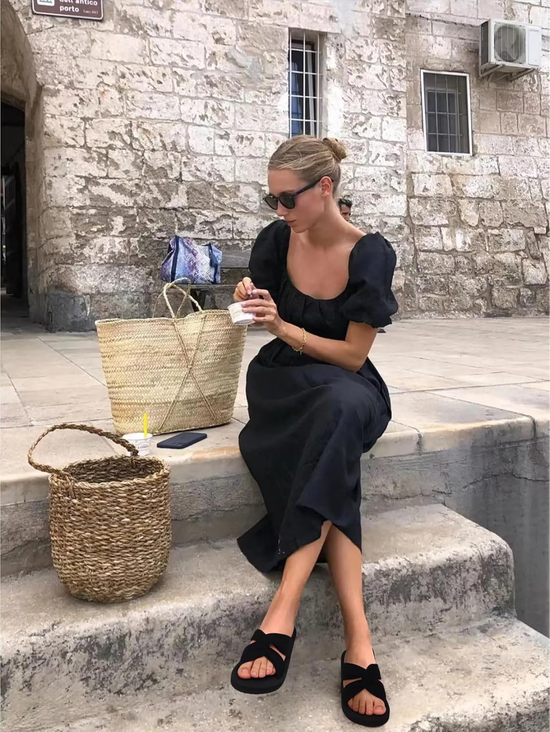 KuaiLu Womens Dressy Sandals with Arch Support Yoga Mat Comfortable Cushion Walking Criss Cross Slides Summer Beach Slip On Indoor Outdoor Slippers Dark Black 8 image 2 of 9 B0DW7LQZXS