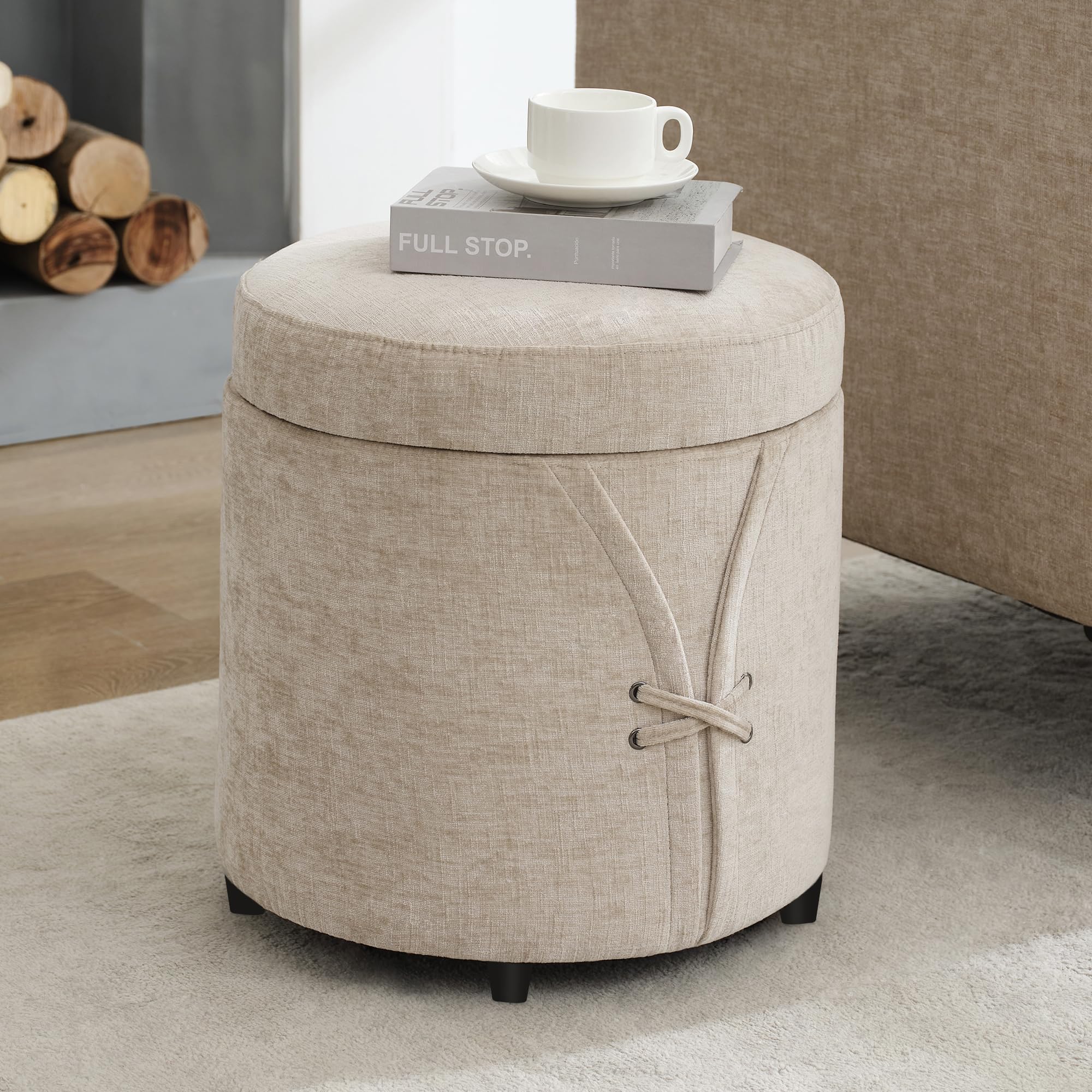 16.5" Tufted Round Storage Ottoman, Light Brown
