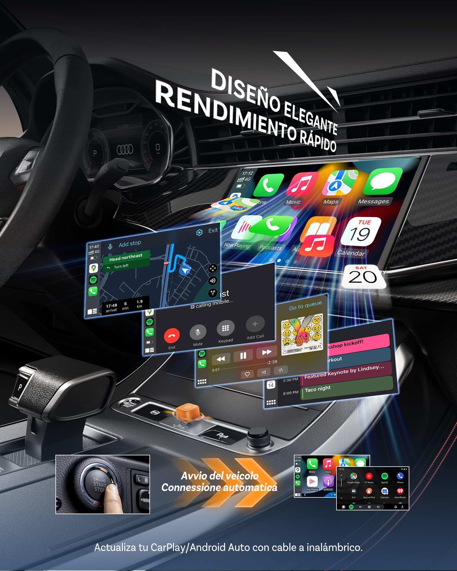 OTTOCAST Mini 3.0 Slim 2026 Upgrade Adaptador Wireless CarPlay, 2-en-1 para iPhone & Android Auto, Convierte CarPlay y Android Auto por Cable a inalámbrico, Naranja
