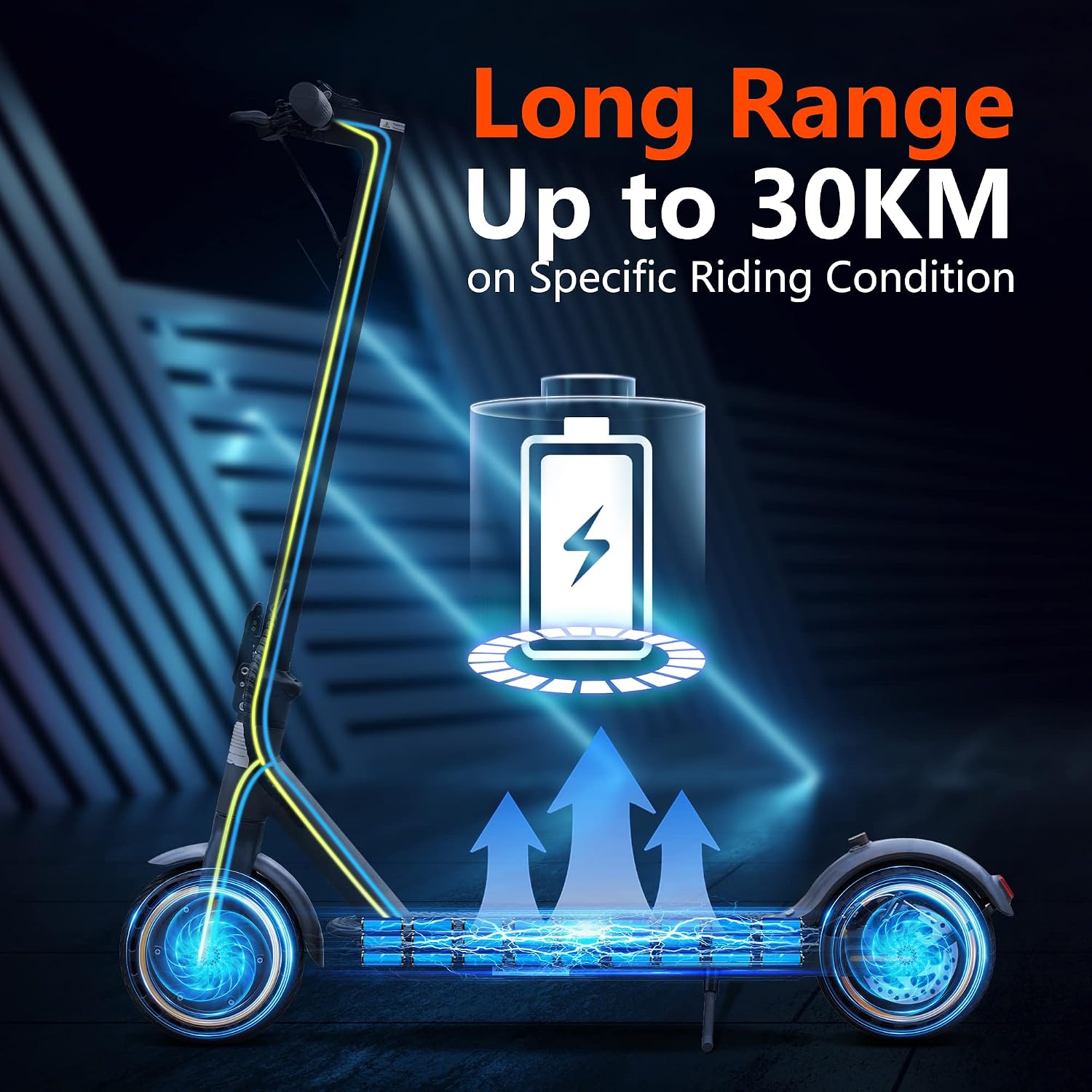 Diagram illustrating the long-range battery capacity of up to 30KM