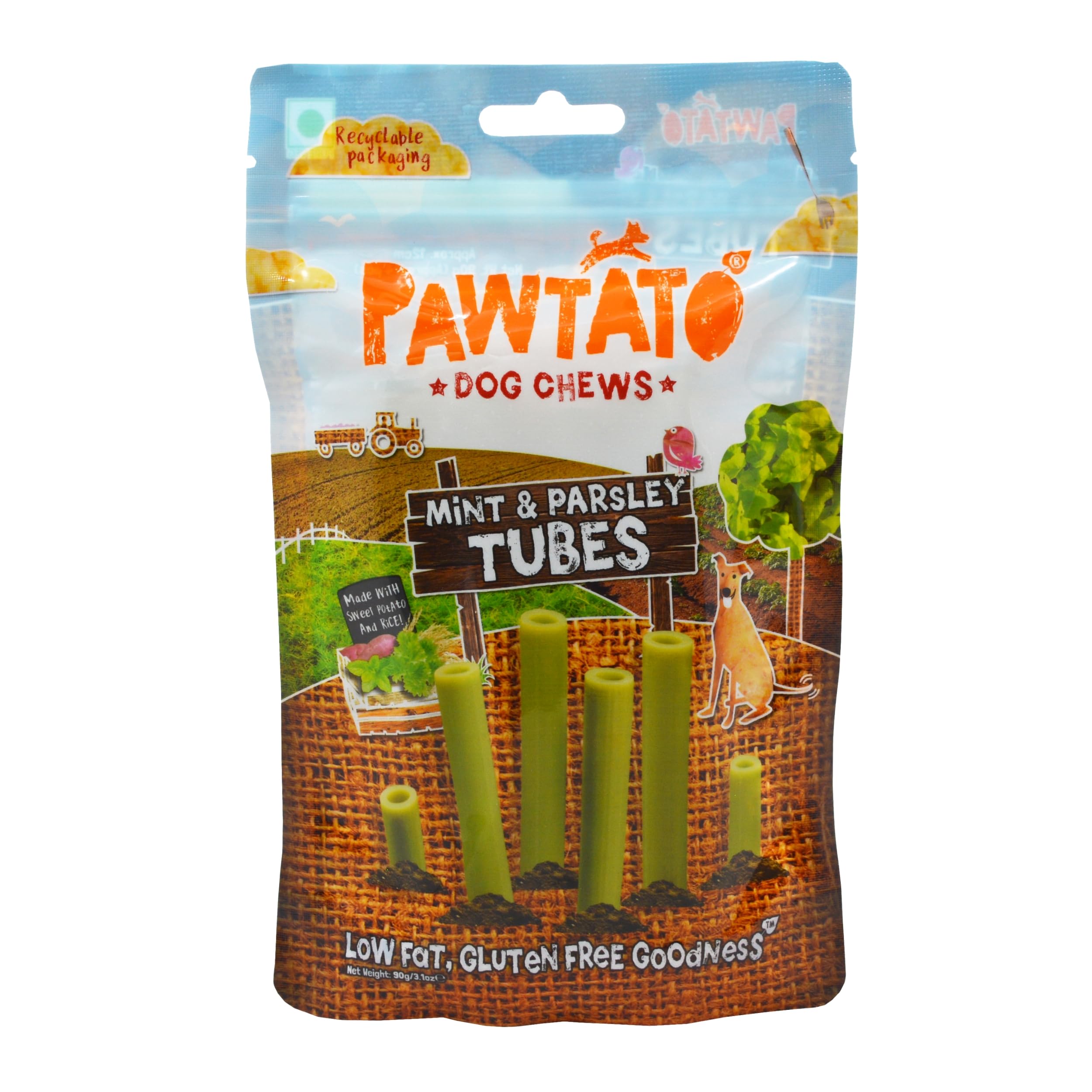 Pawtato Mint & Parsley Tubes Vegan Dog Treats (1x 90g) | Natural Plant-Based Dog Chews Made With Sweet Potato & Rice | Rawhide-Free, Low Fat Dog Snacks
