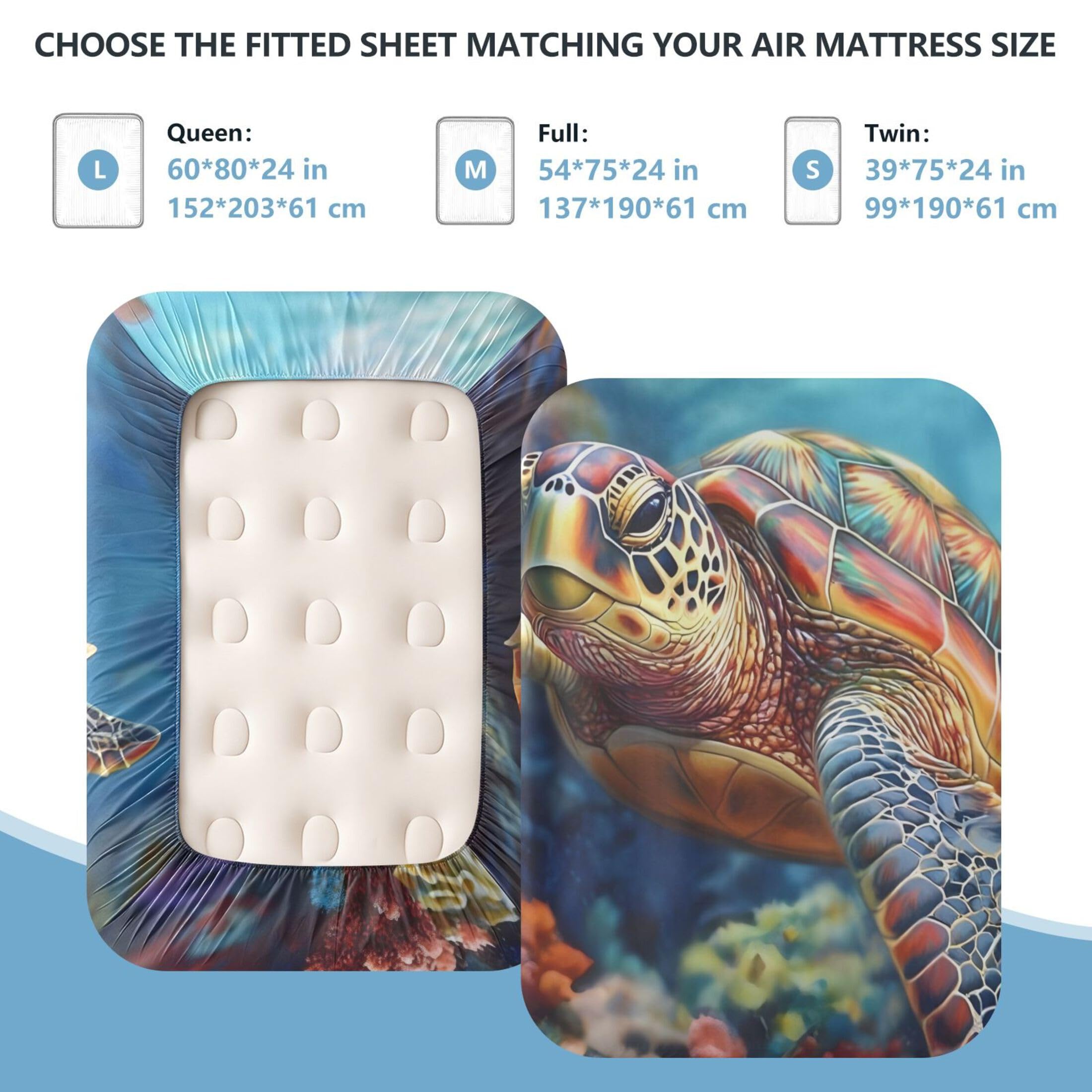 Sábana bajera ajustable de tortuga marina colorida para colchón de aire, bolsillo extra profundo de 24 pulgadas, funda suave y transpirable con apertura de válvula de cremallera para cama de