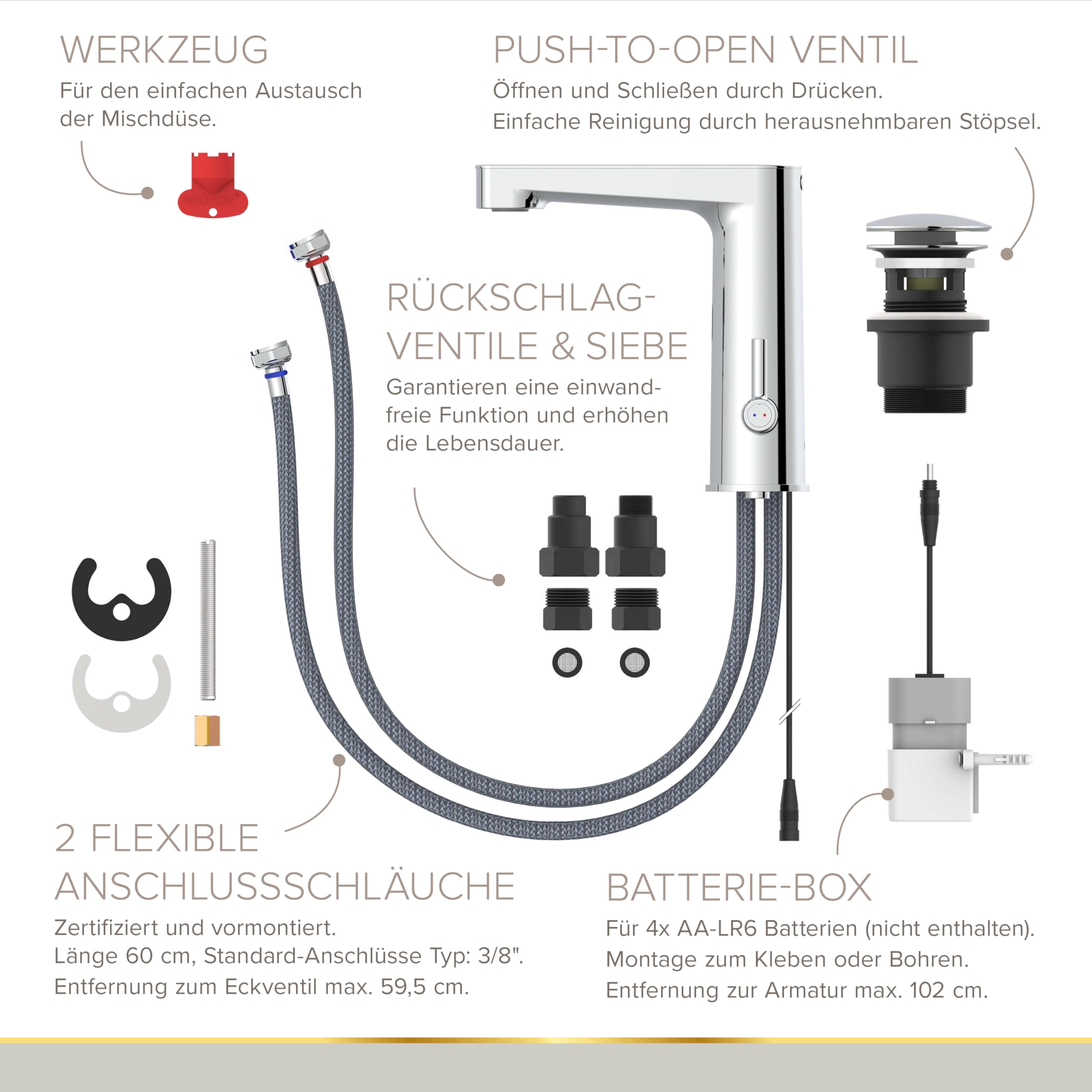 Lenz Waschtischarmatur MOLA Chrom – moderne Sensorfunktion für mehr Hygiene im Bad – einfache Installation und hochwertige Verarbeitung - 46020502 | Sensorarmatur mit einstellbarer Temperatur, Verstellbare Markenmischdüse, Inkl. Easy Clean Pop-Up Ventil -