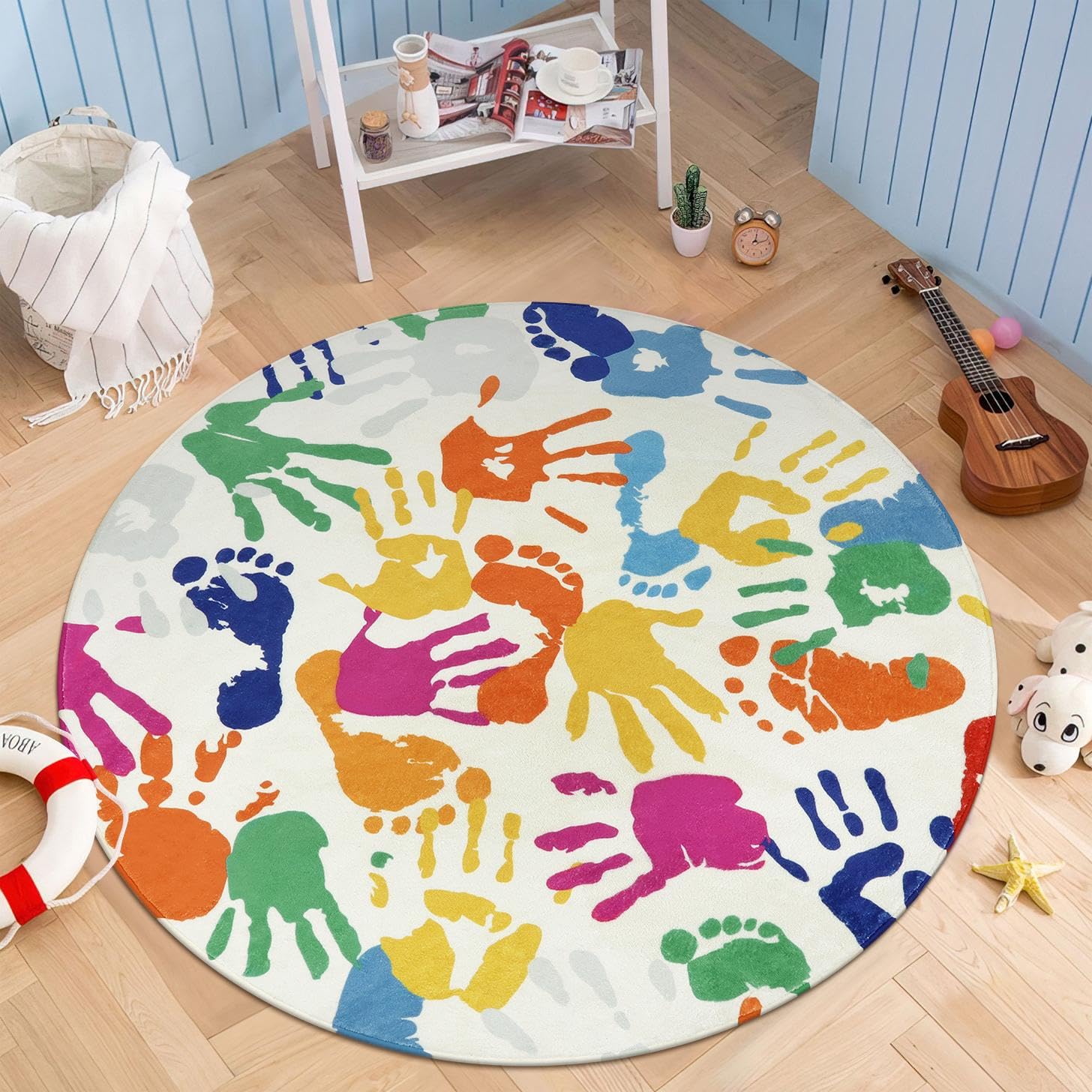 STARUIA Colorful Round Rug for Kids Bedroom, 4'x4' Handprints and Footprints Circle Rug for Playroom, Rainbow Washable Rug for Nursery, Small Circular Carpet for Classroom Dorm Daycare