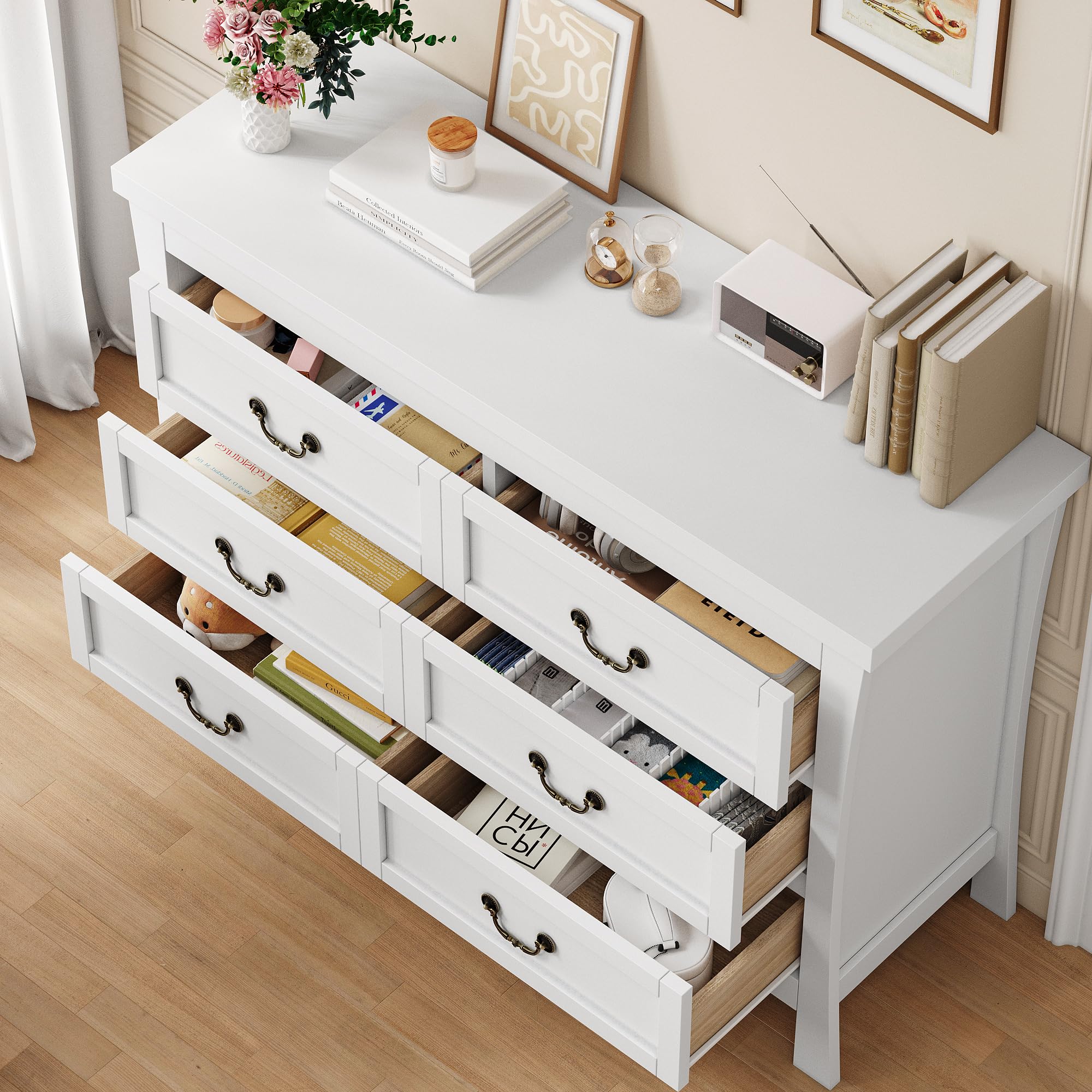 FEONASE Cassettiera Per Camera Da Letto, 6 Cassetti Per Ampio Spazio Di Archiviazione, Moderna, in Legno, MDF, Mobile Per Camera Da Letto, 120x40x80cm, Bianca
