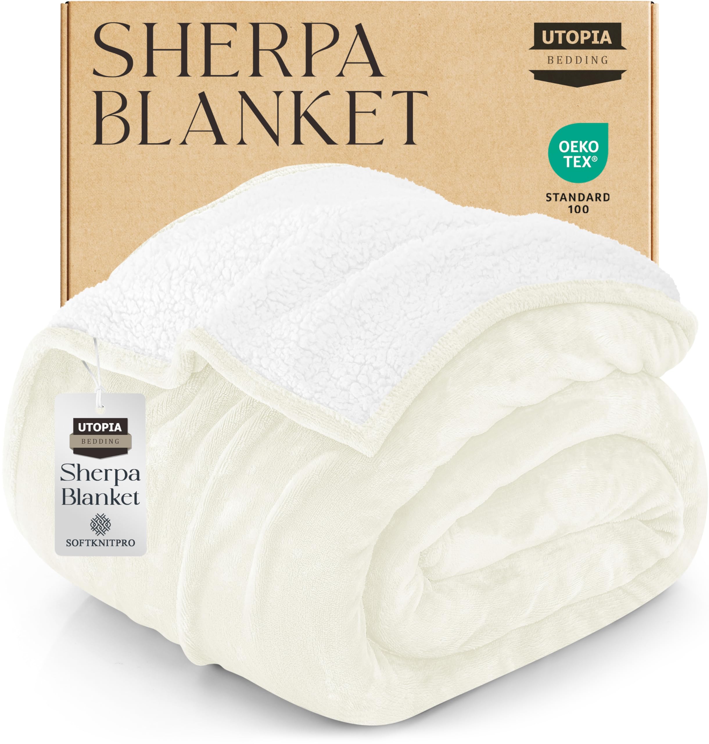 bedding sherpa blanket queen size (ivory, 90x90 inches) - soft plush fleece reversible blanket for bed, sofa, couch, camping and travel