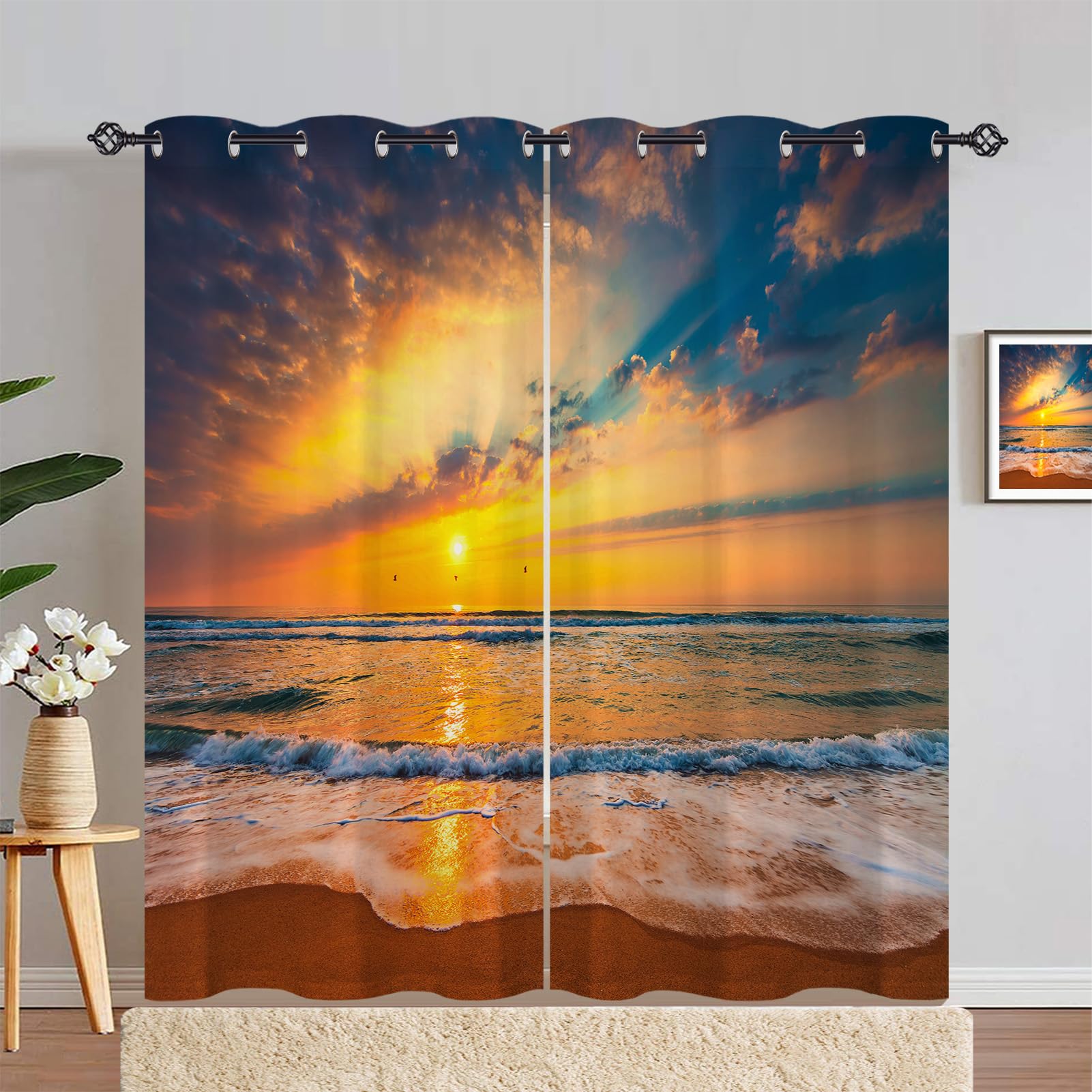 ANHOPE Beach Curtains Eyelet Ring Top Soft Thermal Insulated Blackout Curtains Tropical Sunrise Ocean Sea Print Pattern Decorative Window Drapes for Bedroom Living Room 66 x 72 Drop Inch 2 Panels โ image 1