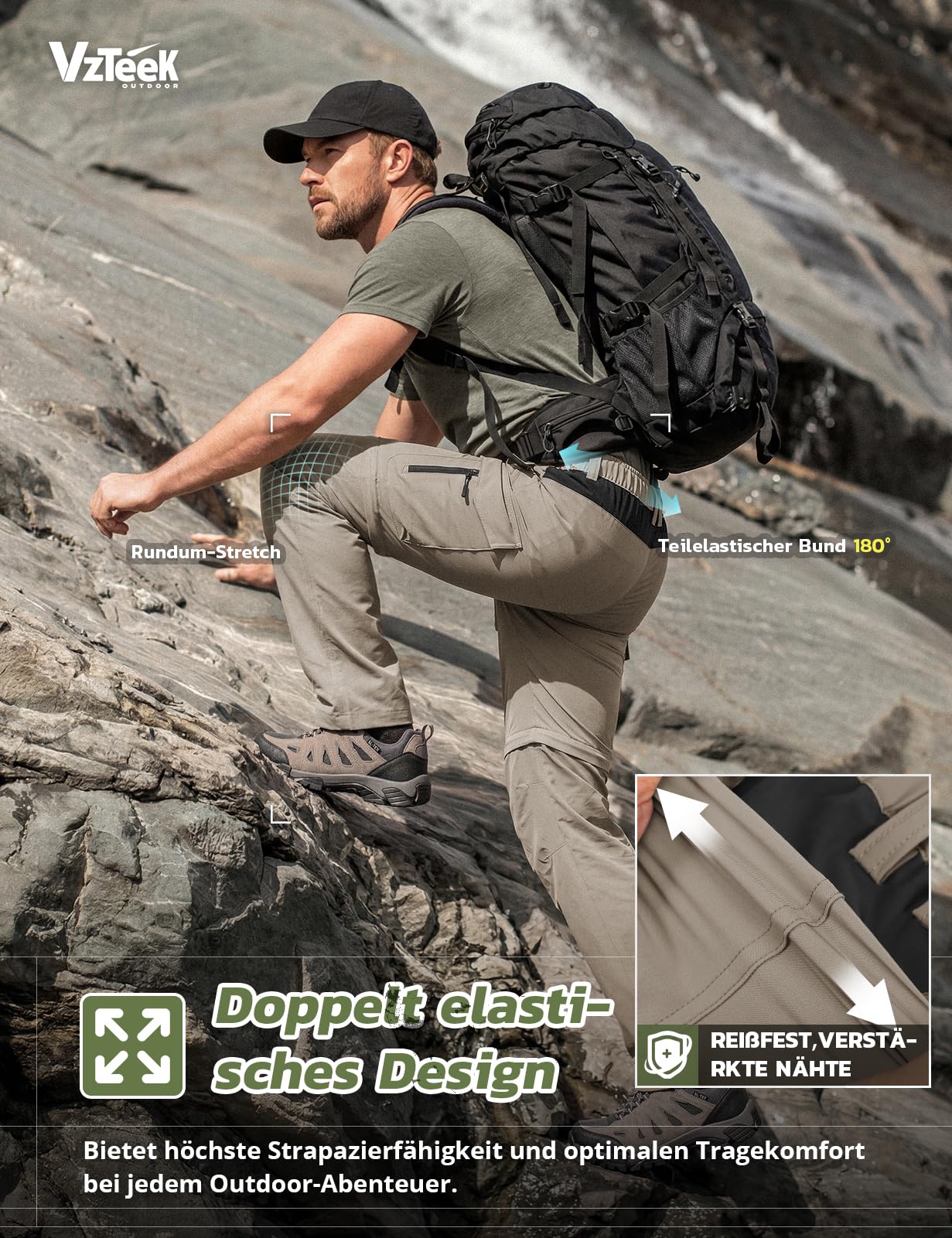 Pantaloni convertibili da uomo, ad asciugatura rapida, elasticizzati, con cerniera, ideali per escursioni, viaggi, campeggio