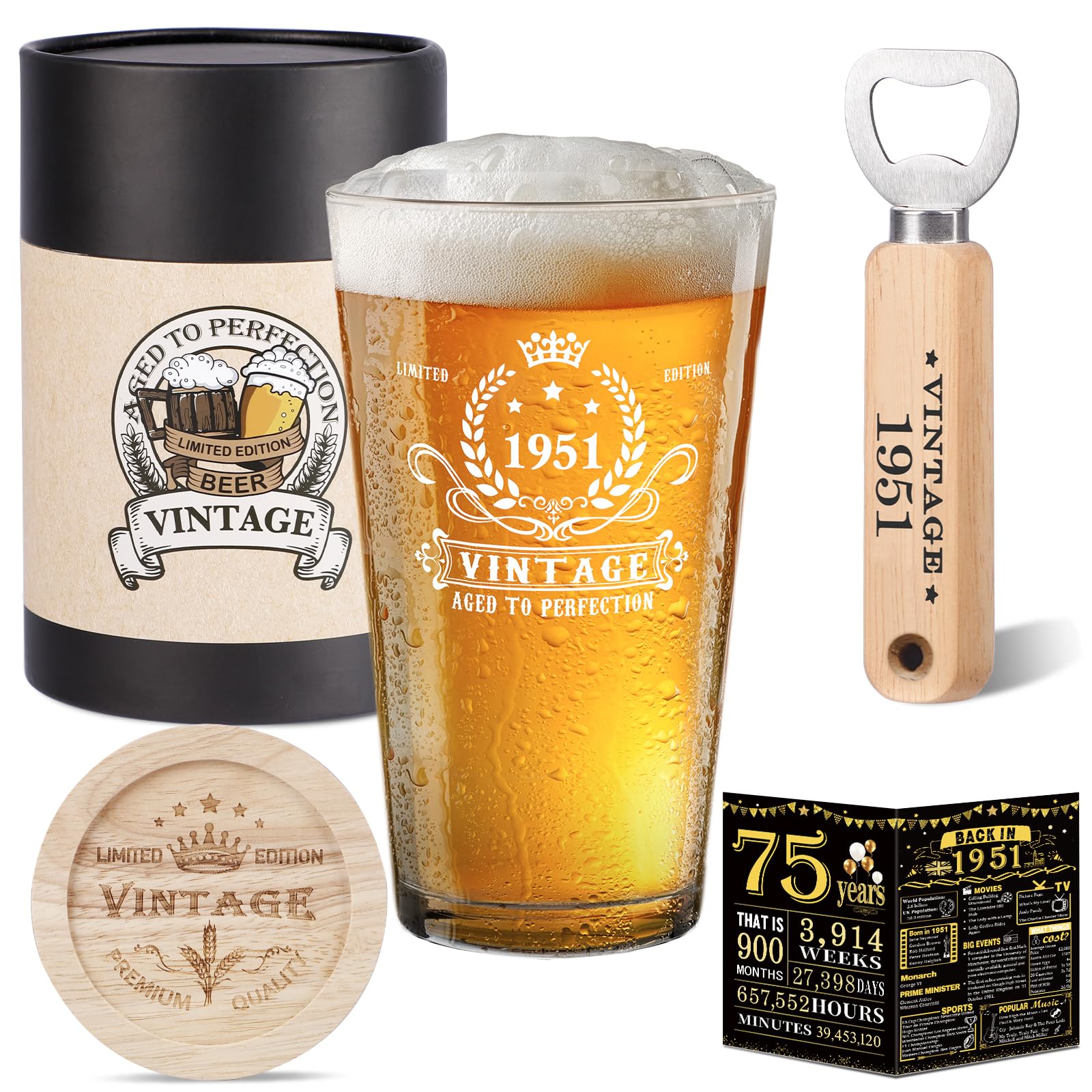 75th Birthday Gifts for Men Women, 75th Birthday Decorations for Men Vintage 1951 Beer Glass, Wooden Coaster, Wooden Bottle Opener, Vintage Beer Gift Box,1951 Poster Anniversary Card and Greeting Card