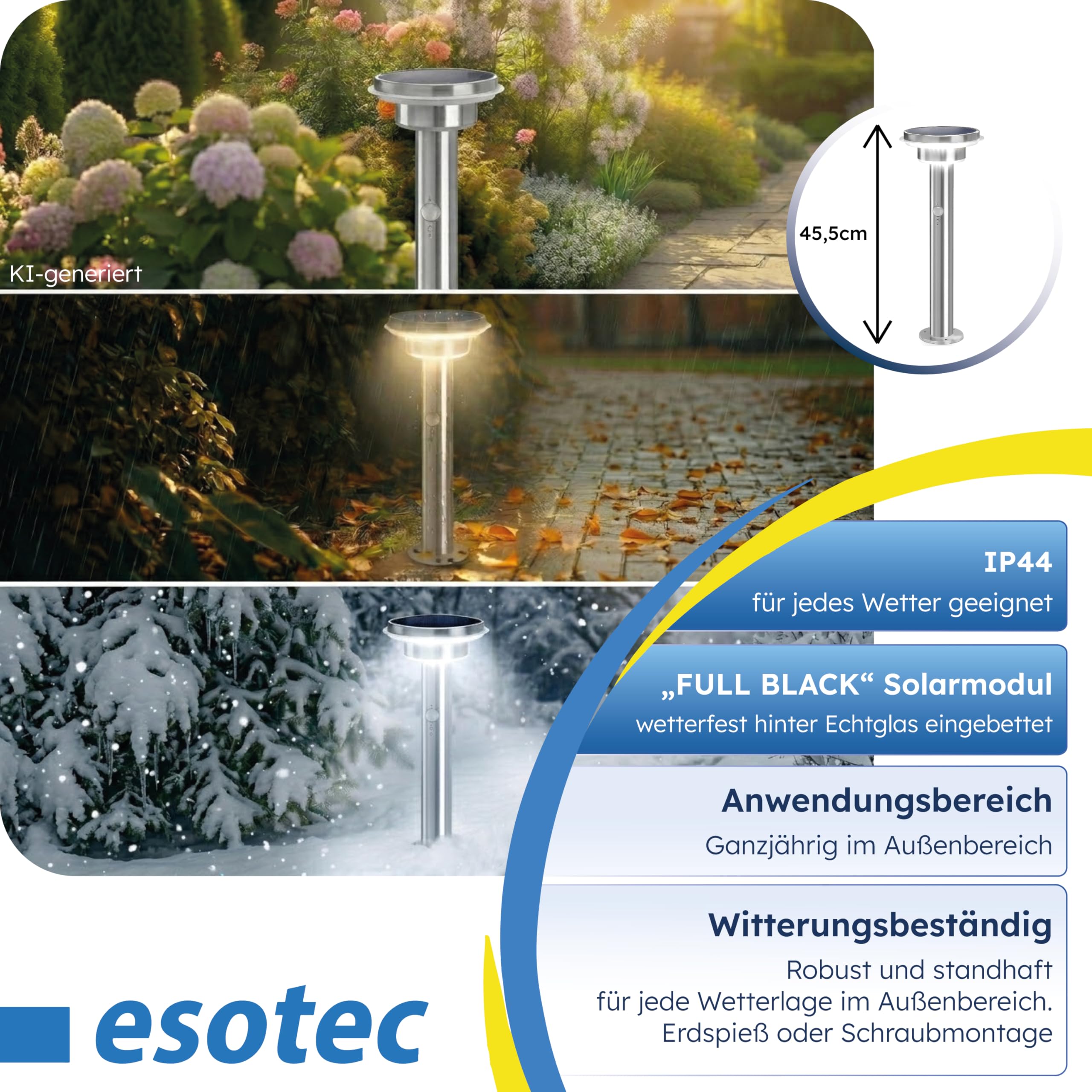 esotec Solarlampen für außen Solarleuchte Tini mit Bewegungsmelder, Gartenbeleuchtung Edelstahl H=45,5cm, 3 Betriebsmodi, 600lm, 102596