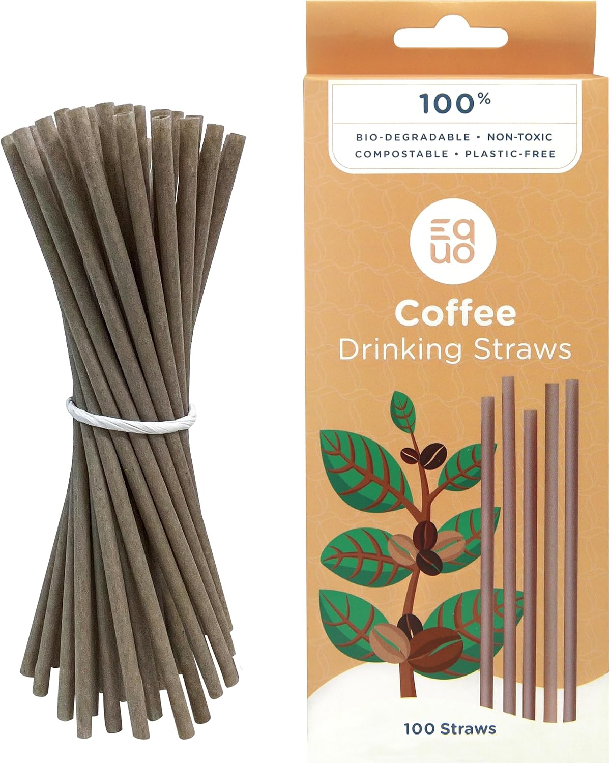 EQUO Coffee Drinking Straws (Pack of 100, Standard) – Plastic-free, Home-compostable, Eco-friendly Straws for Sodas, Juices, Coffee & More