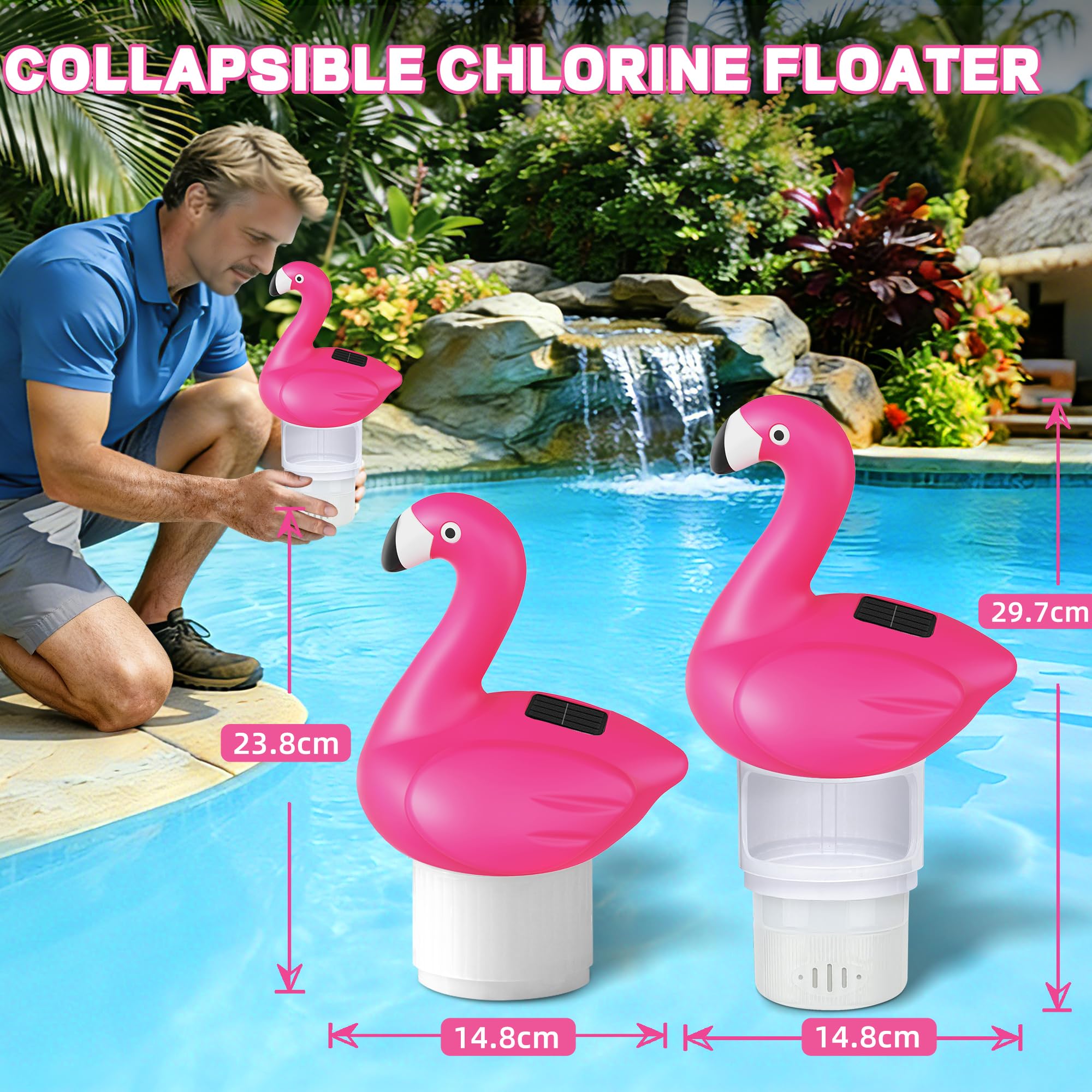 Luxfero Diffuseur Chlore Piscine avec Lumière,Flamant Distributeur de Chlore Flottant Solaire,Flotteur Chlore Piscine Grande Capacité Diffuseur Chlore pour Piscine Réglable,Distributeur Chlore Piscine