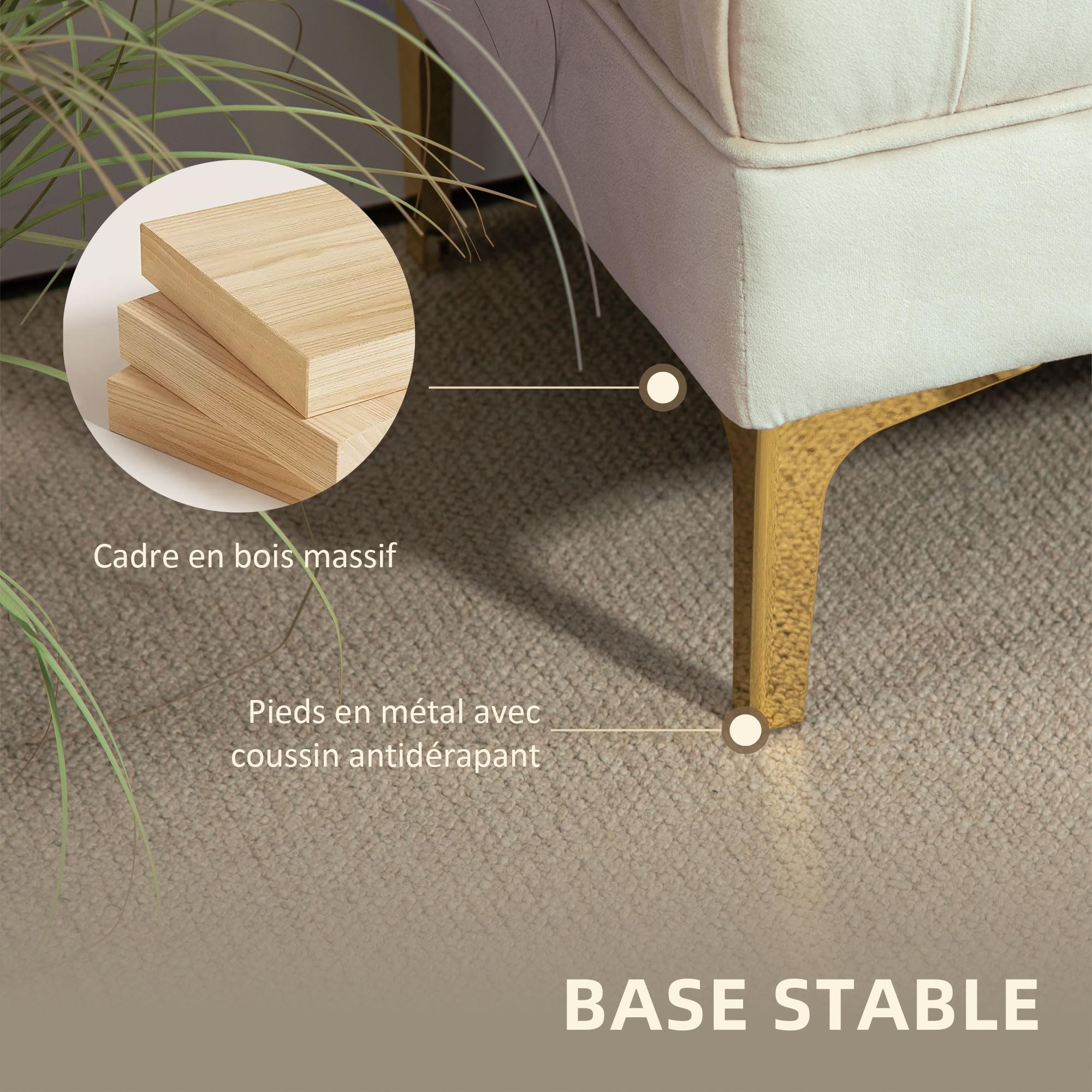 HOMCOM Banco tapizado al Final de la Cama Estilo clásico Chic Dim. 118L x 45W x 42H cm Base de Metal Dorado Terciopelo Beige