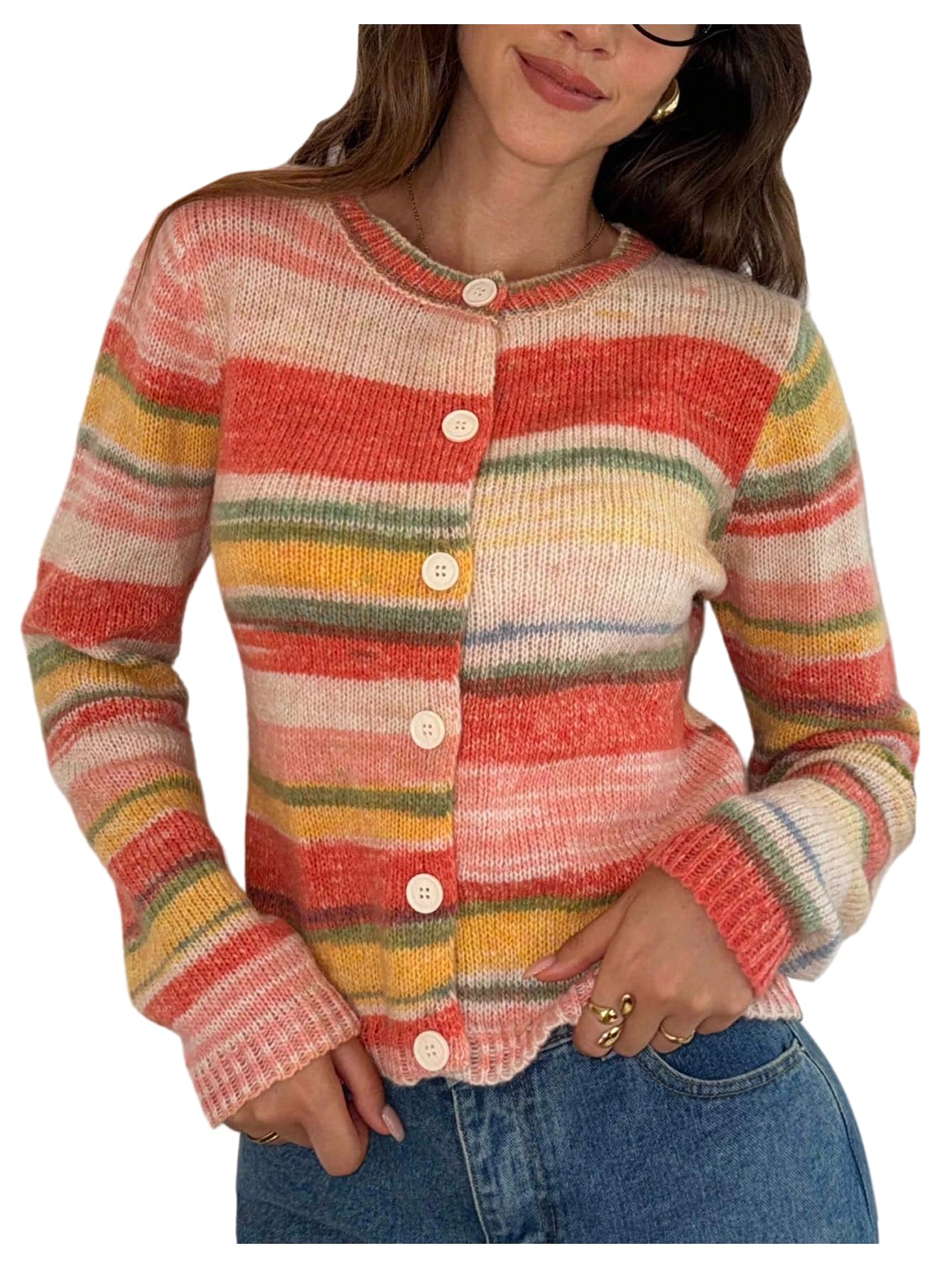 OYOANGLE Womens Colorful Striped Button Down Cardigan Sweater Long Sleeve Knit Outerwear