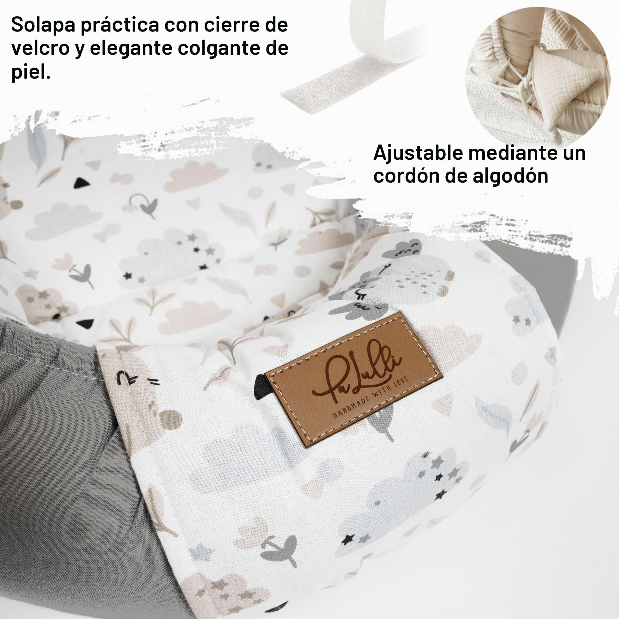 PaLulli Nido de bebé extragrande, 100 x 60 cm, algodón, reversible, reversible, hecho a mano, transpirable y seguro (gris)