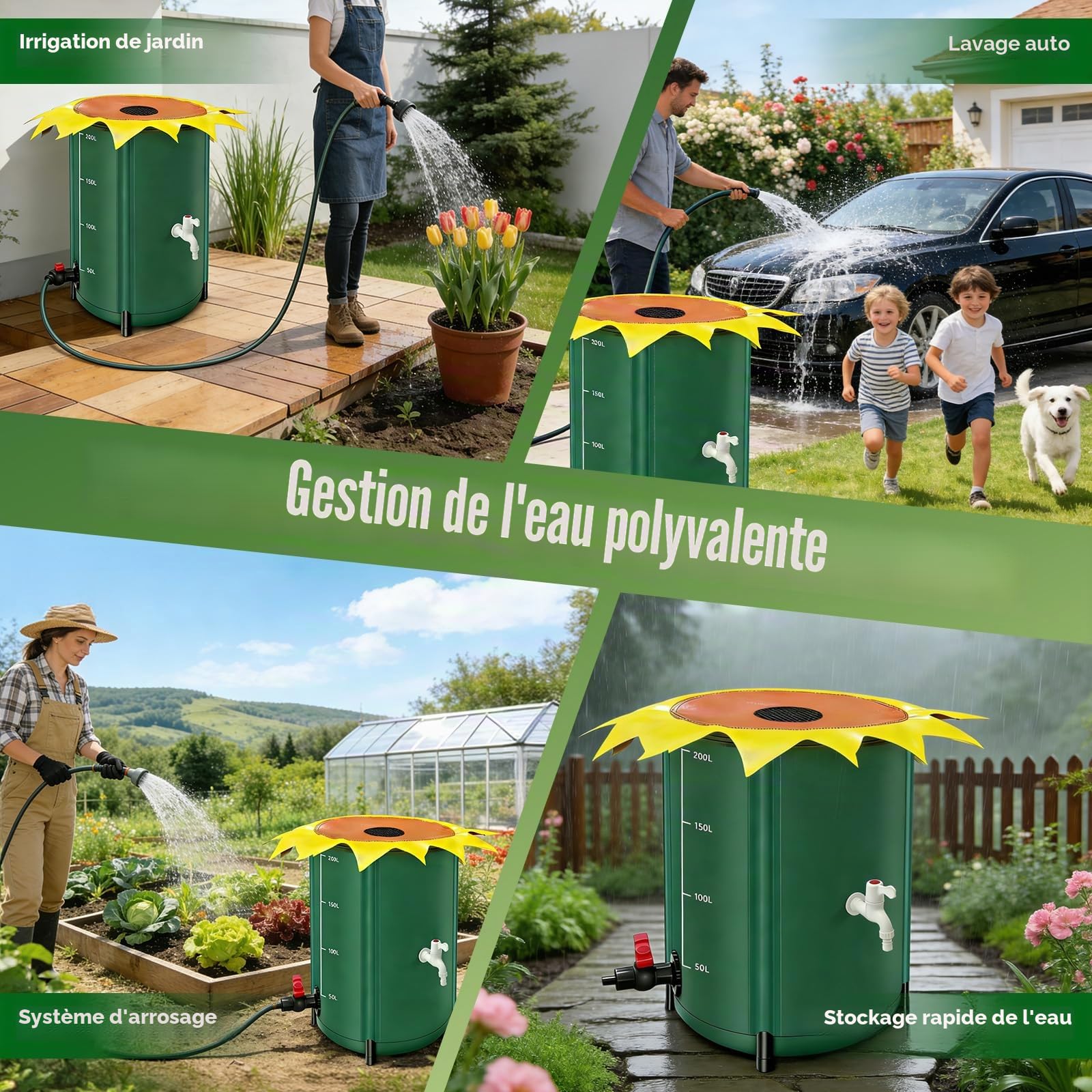 Regentonne pliable 200 litres, forme de fleur, réservoir d'eau de pluie avec robinet, tonne à eau de pluie résistante à l'eau avec embout et kit de débordement, réservoir d'eau de jardin pour