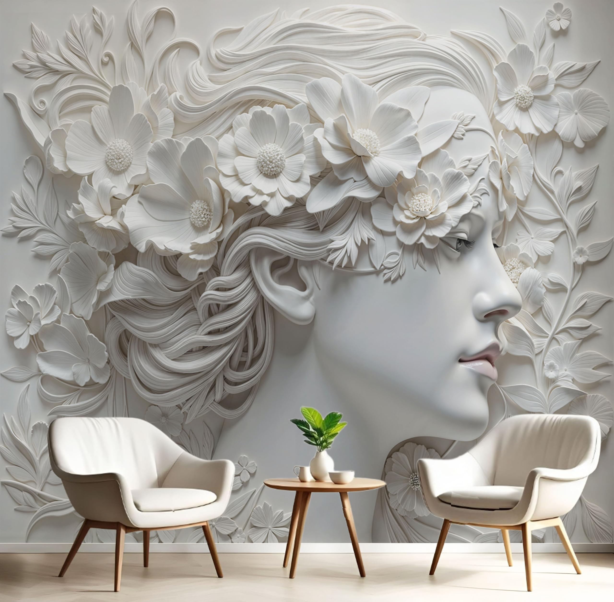 Carta da Parati Panoramica Ritratto 3D 450x315cm | Fiore sul profilo di una donna Foto Wallpaper Poster Gigante Design Bianco Murale Decor della Parete Soggiorno Camera da Letto