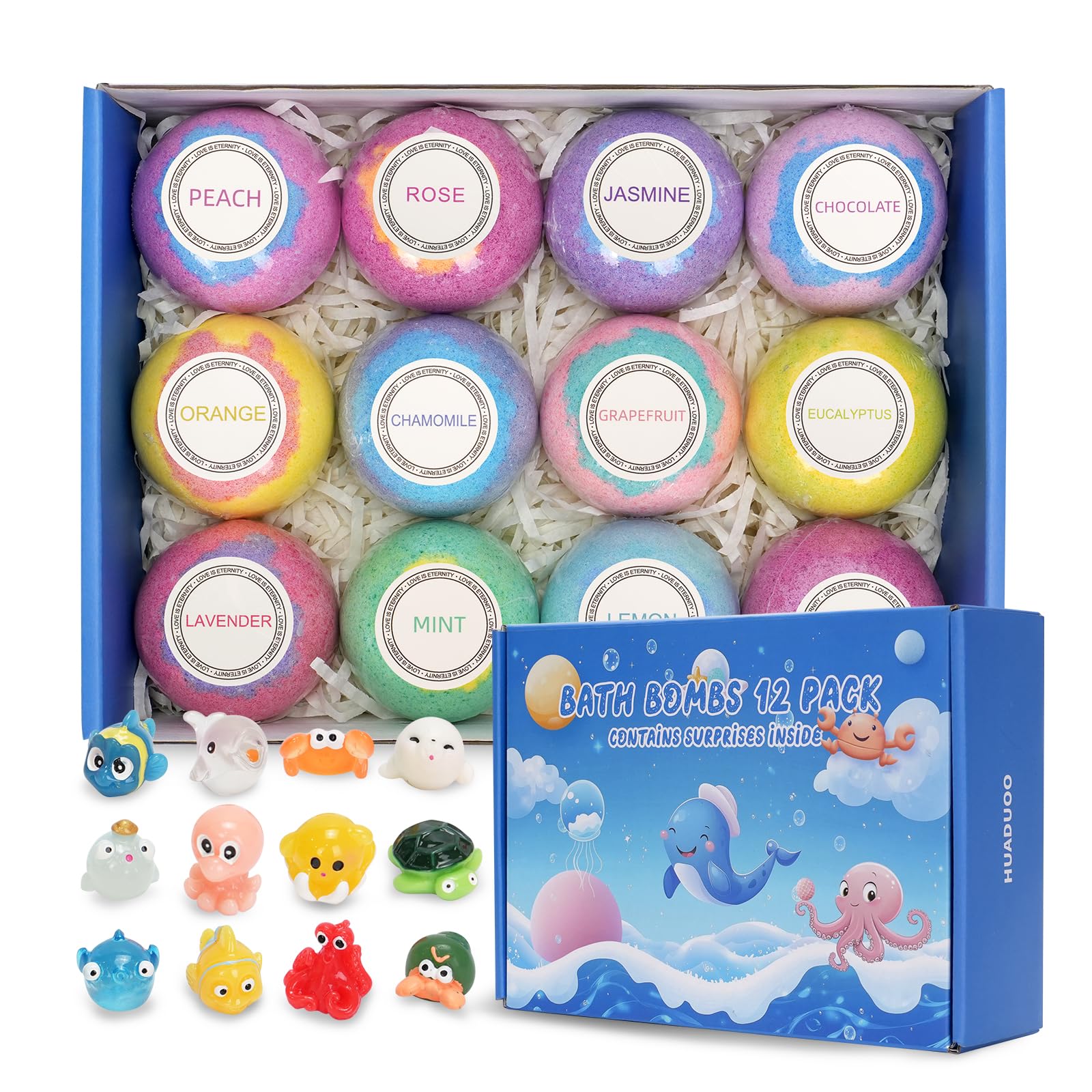 Coffret cadeau de 12 bombes de bain, bombes à bulles naturelles et biologiques faites à la main, pour enfants avec jouet surprise à l'intérieur, avec jouet animal marin surprise à l'intérieur.