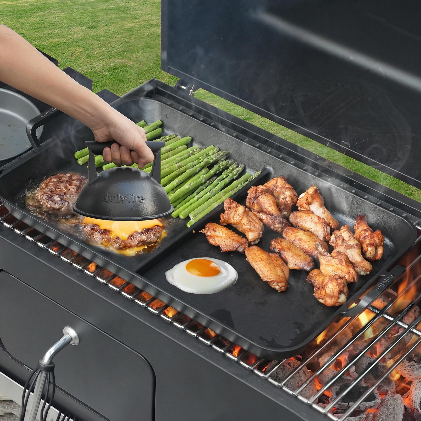 Onlyfire Plancha de Hierro Fundido para Inducción y Gas | 52x34cm Plancha con Revestimiento Antiadherente | Parrilla para Reuniones Familiares | Doble Zona, Ideal para Cocinar Carne y Verdura