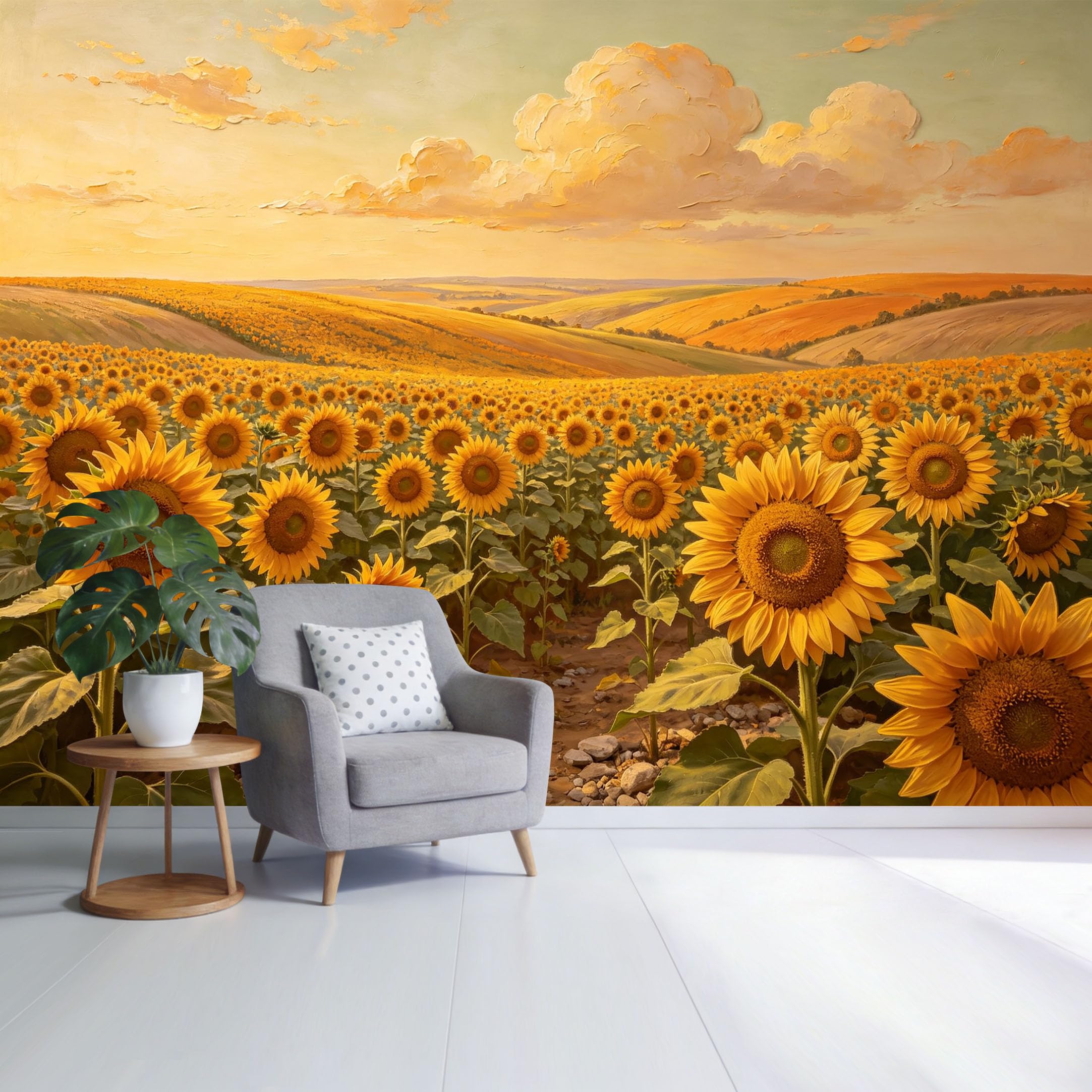 Custom Size Wall Mural Sunflower Field Landscape Golden Horizon Botanical Oil Painting SelfAdhesive Wall Fabric Removable Wallpaper for Home Office Decor