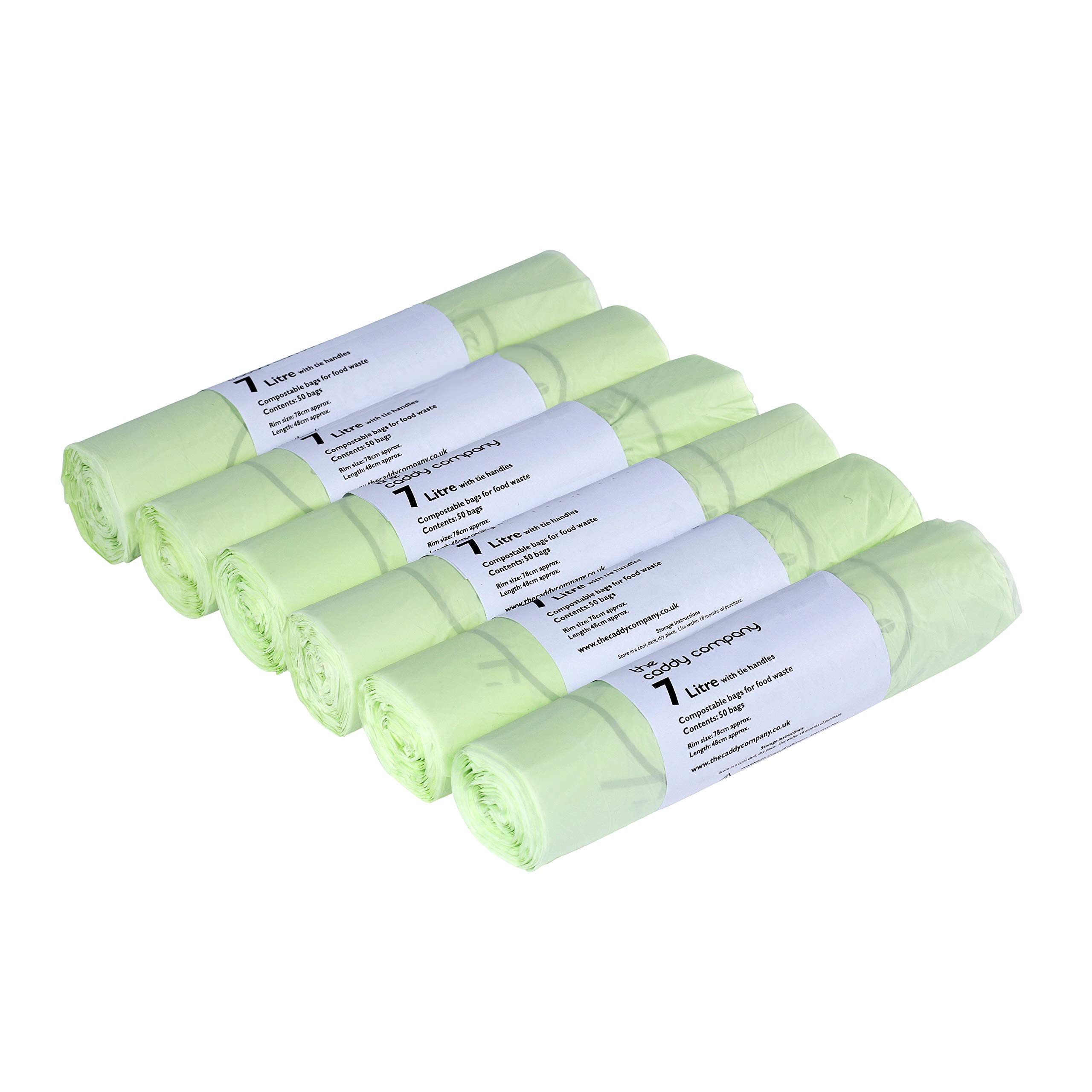The Caddy Company Green 7L X 300 Tie Handle Compostable Kitchen Caddy Liners - Food Waste Bin Liners - En 13432-7 Litre Bags