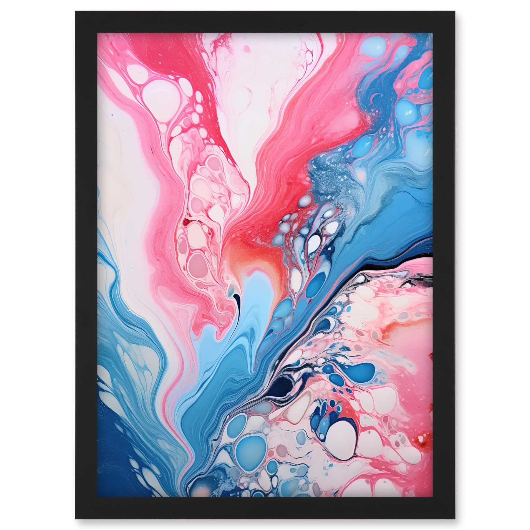 Artery8 Fluid Paint Acrylic Pouring Abstract Artwork Pink Blue Flowing Colours Artwork Framed A3 Wall Art Print