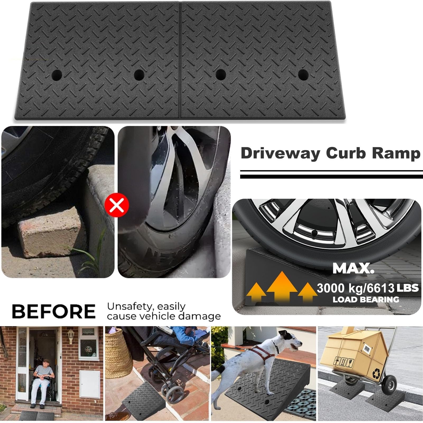 Rampa de Goma para Bordillo 5-20 cm Alto, Rampa Acceso Coche Portátil para Carretillas Elevadoras, Soches, SUV, Cortacéspedes, Quitanieves y Bicicletas(Height 5cm/2inch)