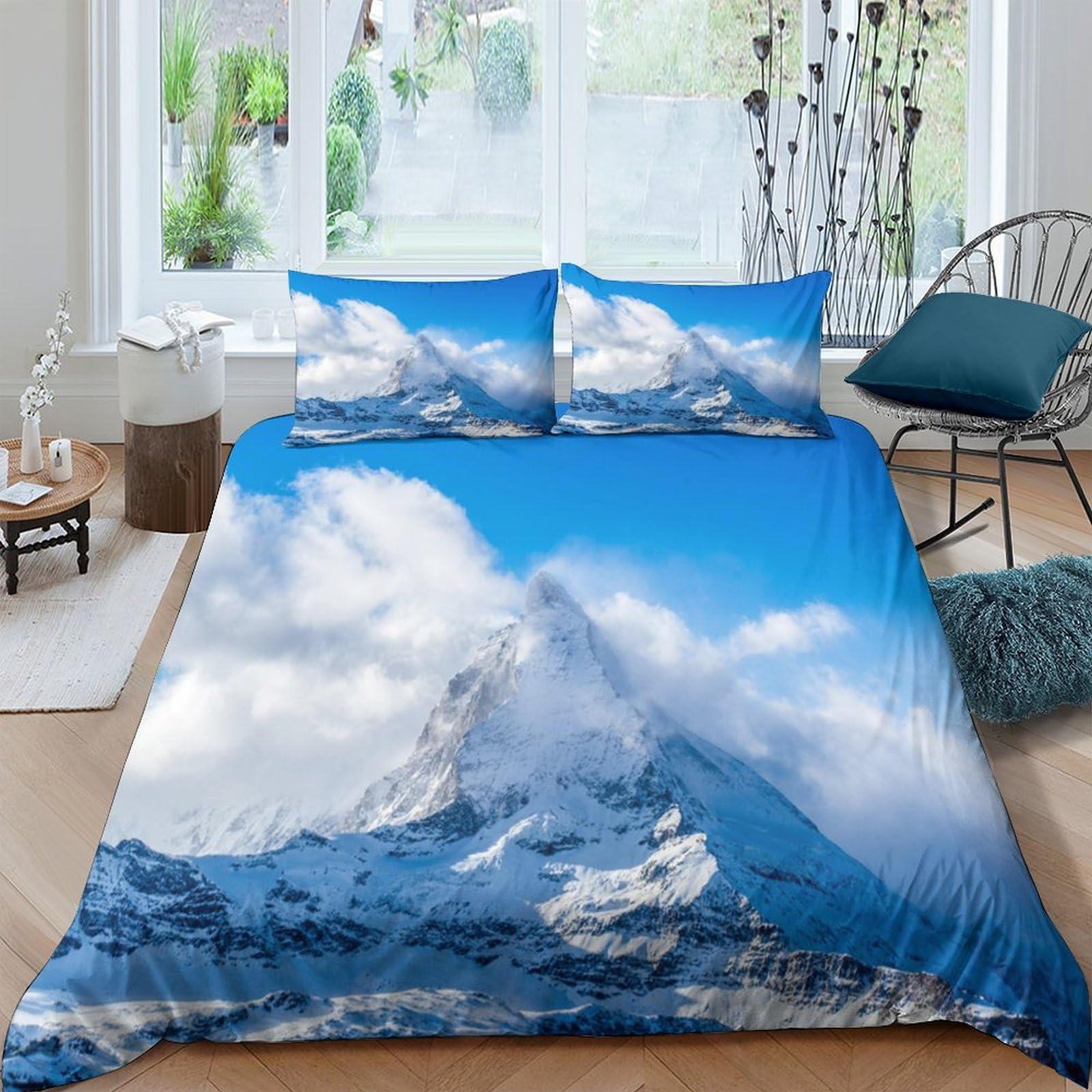 XFKLYNVCJ 3D Printed Snowy mountain peak Bedding Cover Durable Fabric Alpine landscape Quilt Cover Soft Comfortable Wrinkle Resistant Quick Drying Easy Care for All Season Home Use Double（200x200cm）