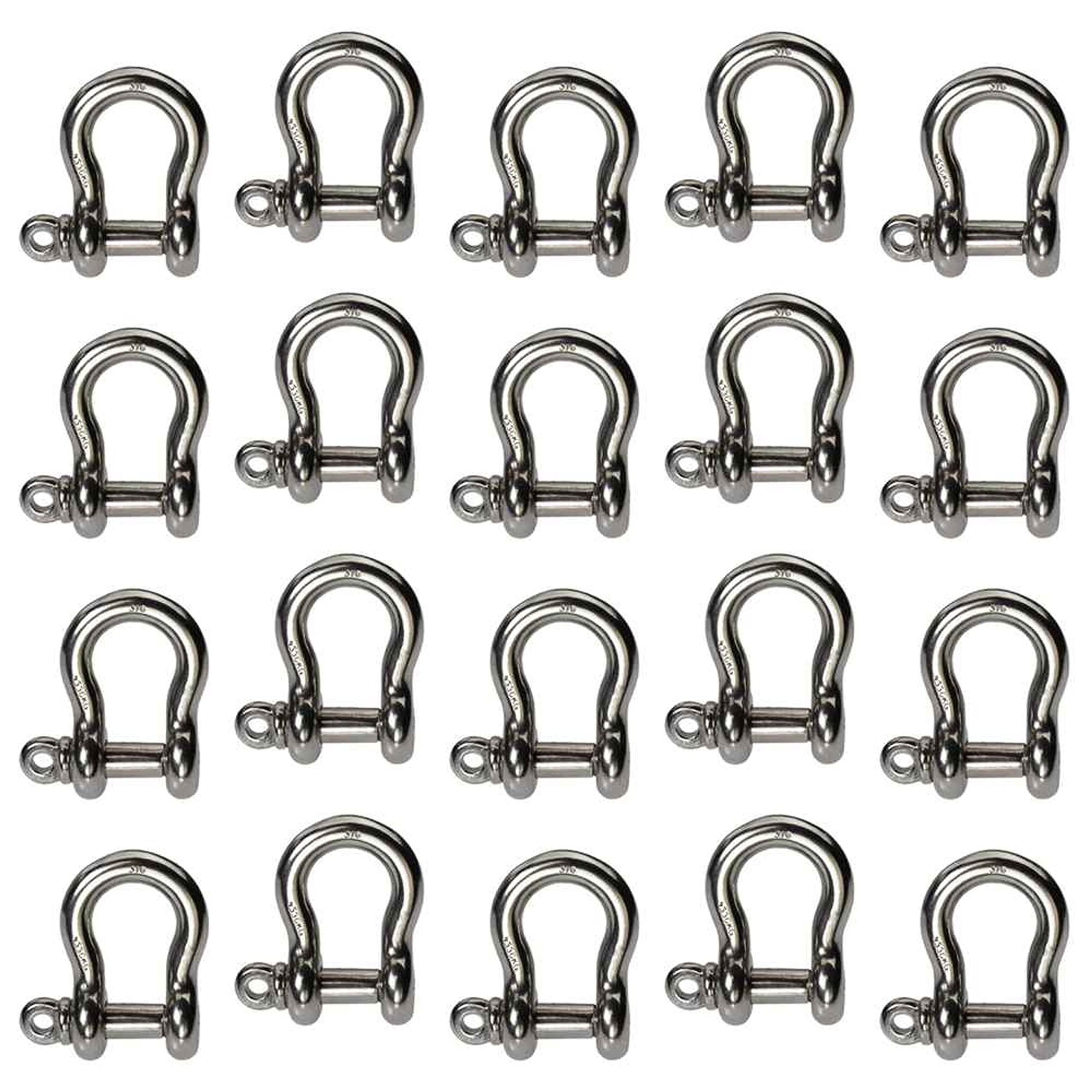 US Cargo Control 3/16 Inch Stainless Steel Type 316 Screw Pin Anchor Shackles in a 20 Pack - Each with a 0.325 Ton Capacity