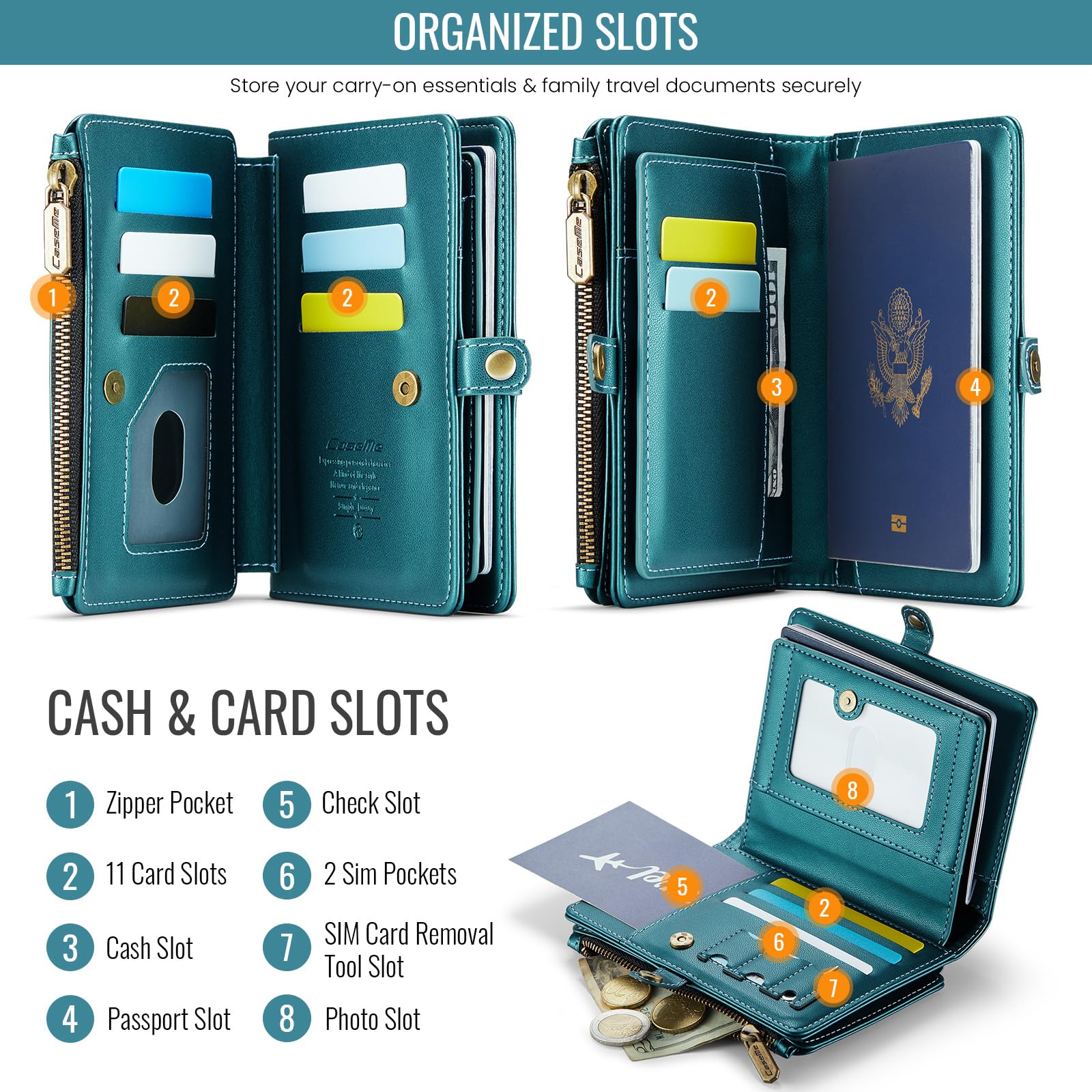 Portefeuille de passeport avec blocage RFID avec dragonne, porte-passeport de voyage en cuir synthétique avec 11 emplacements pour cartes, poche zippée et fermeture magnétique, portefeuille de