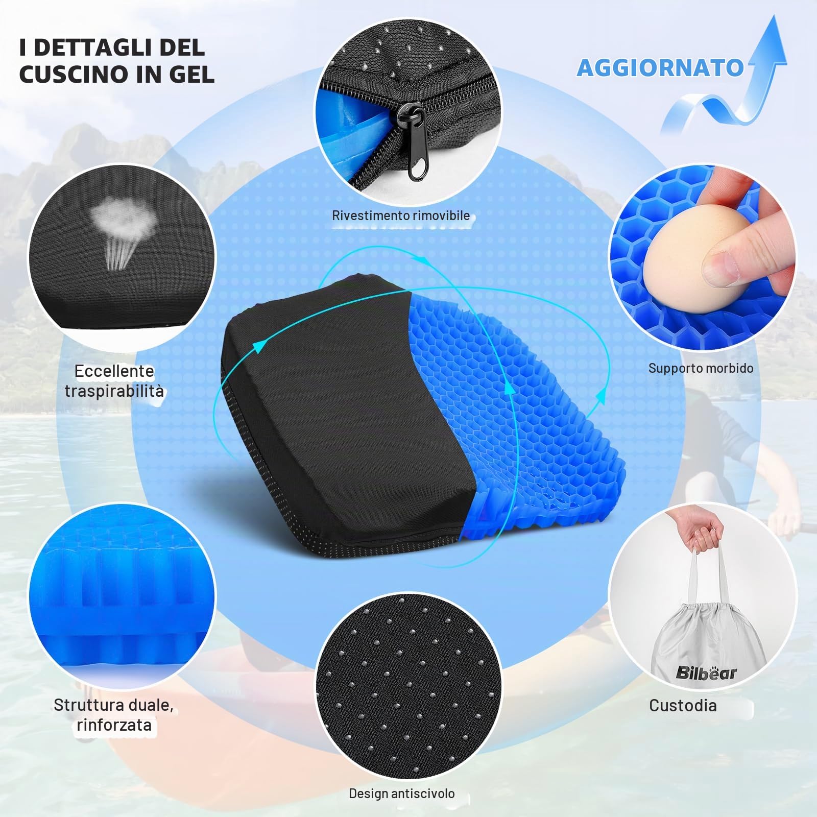 Cuscino per sedile kayak in gel spesso, grande, per kayak, barca a pagaia, sollievo dal dolore al coccige, sciatica, doppio spessore, per casa, auto, sedia a rotelle, sedia da ufficio (blu, L)