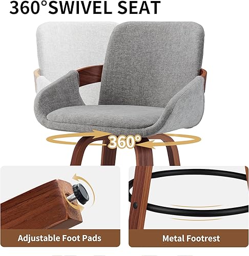 Miniatura 5 de Juego de 2 taburetes de bar giratorios, taburetes altos de mostrador de tela con respaldo y reposabrazos, silla de bar de nogal giratoria 360 para