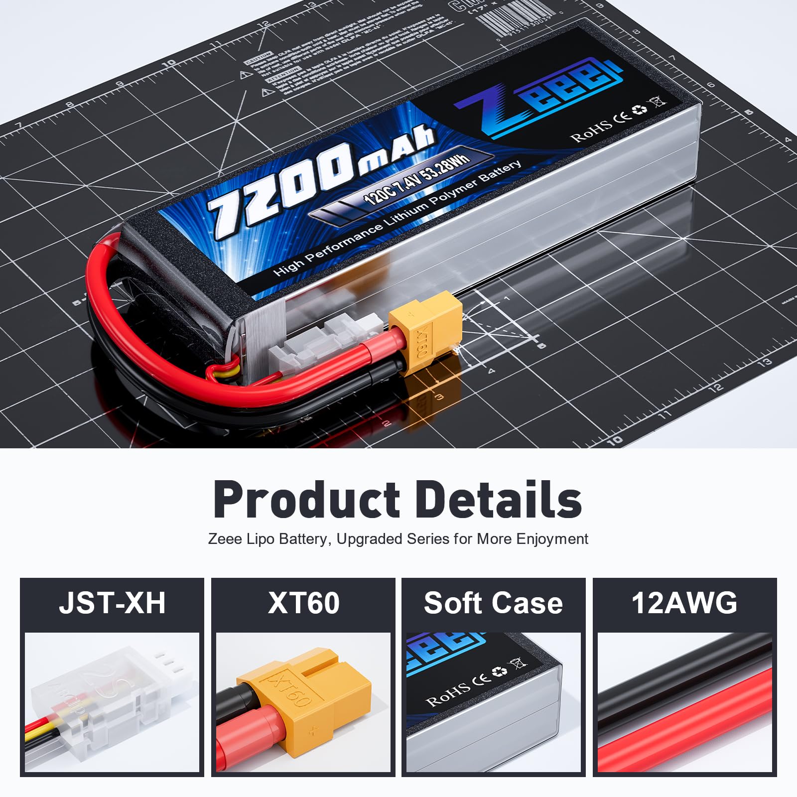 Zeee 2S Lipo 7200mAh 7,4V 120C Softpack-RC Akku mit XT60 stecker für RC-Autos, LKWs, RC-Fahrzeuge, Truggy, Buggy, Panzer, Hubschrauber, Flugzeug, Rennmodelle (2pcs)
