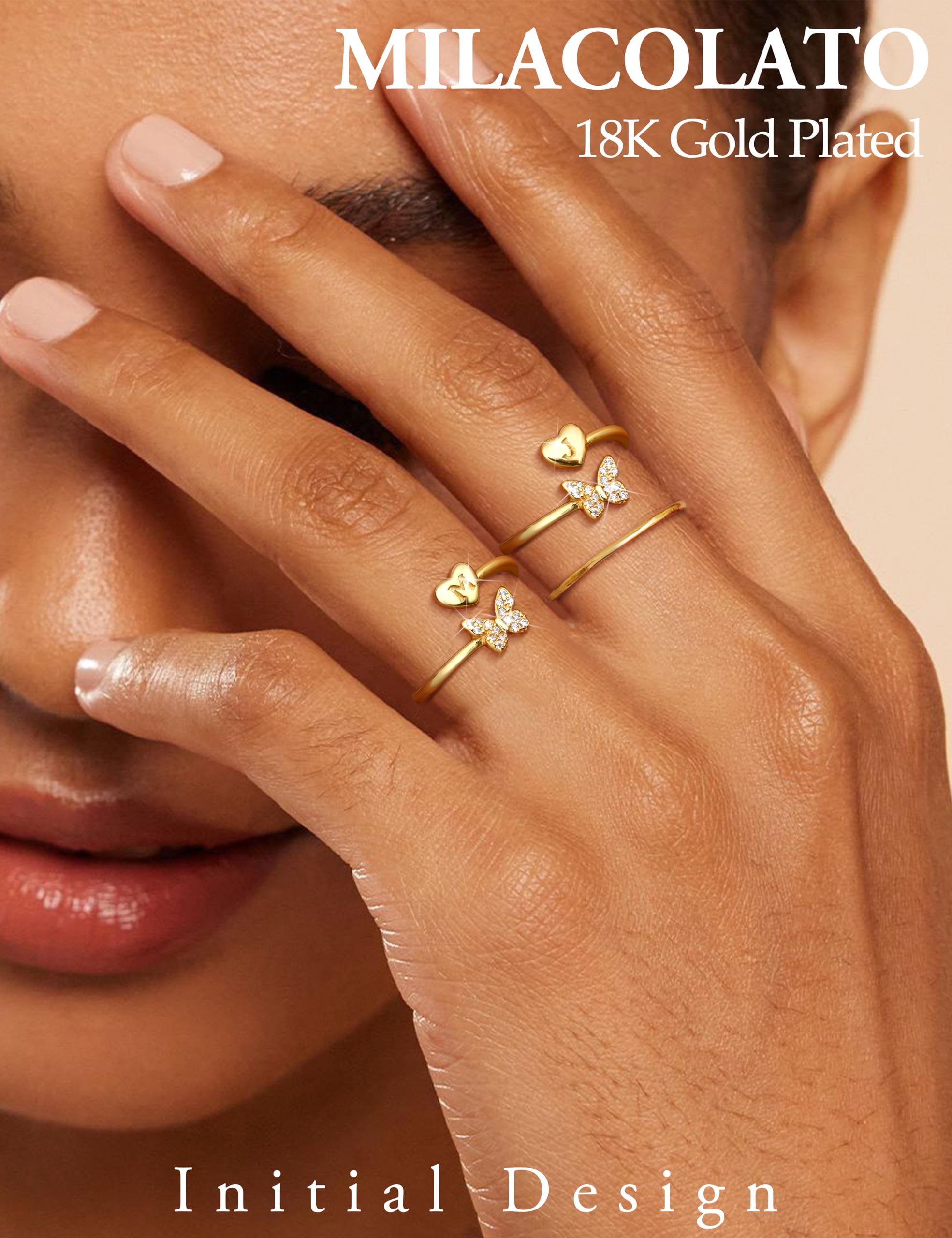 WBDWWTD MILACOLATO Ringe aus 925er-Sterlingsilber für Damen und Mädchen, hypoallergen, verstellbar, Versprechensringe mit Anfangsbuchstaben, Gold, offenes Schmetterlings-Design, stapelbarer Ring, 18