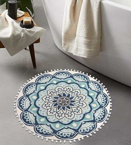 Uphome Alfombra redonda pequeña de 23 pies estilo bohemio con pompones antideslizante lavable con diseño de mandala suave bonita y bohemia para