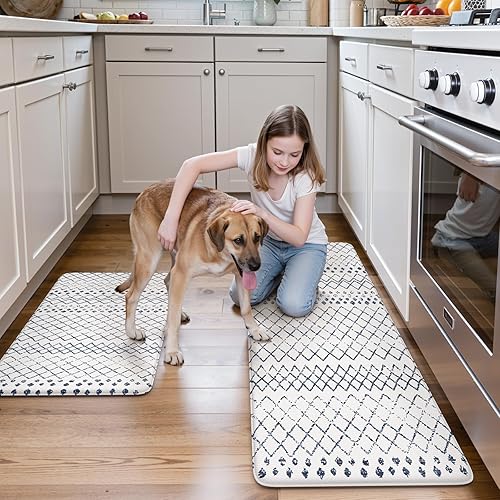 Vista 509 de KIMODE - Juego de 2 tapetes de cocina bohemios, antifatiga, antideslizantes, impermeables, ergonómicos, acolchados, cómodos, para lavandería, Caqui